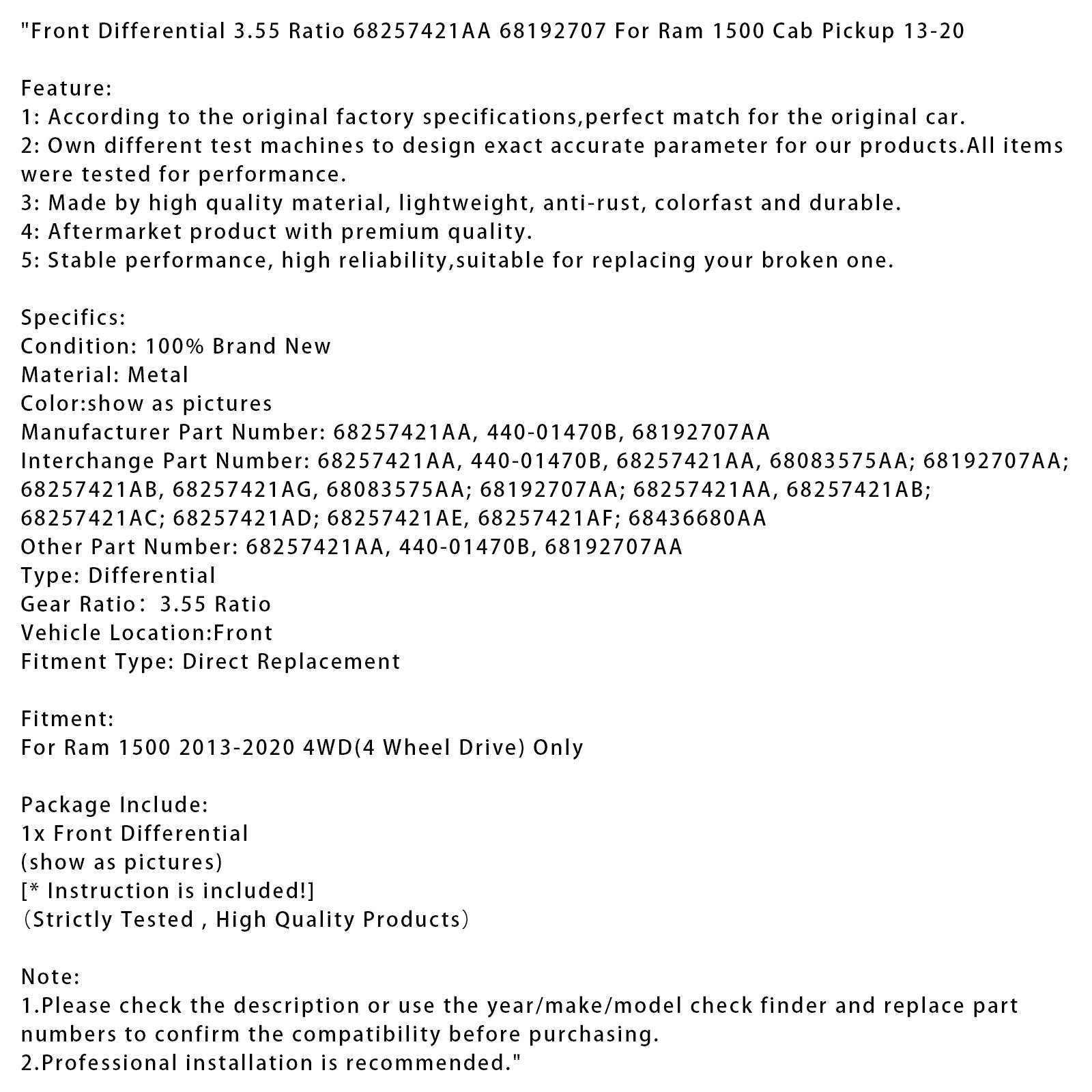 Preden diferencial za prevzem Ram 1500 Cab 2013-2020, poročilo 3,55, 68257421AA 68192707