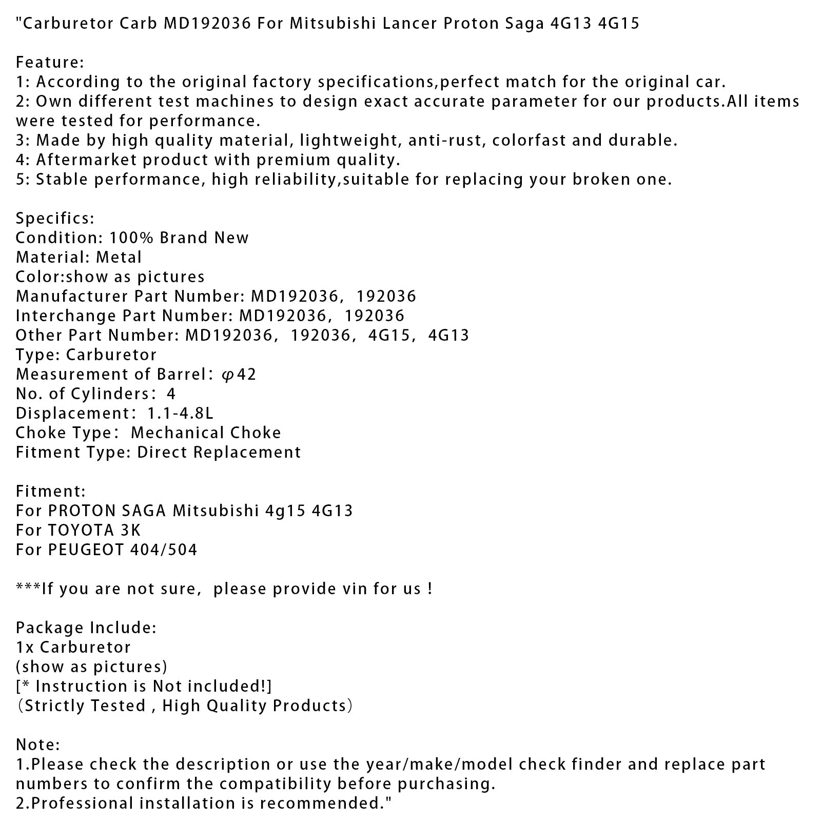 Carburateur Mitsubishi Proton Saga MD192036 4G13 4G15