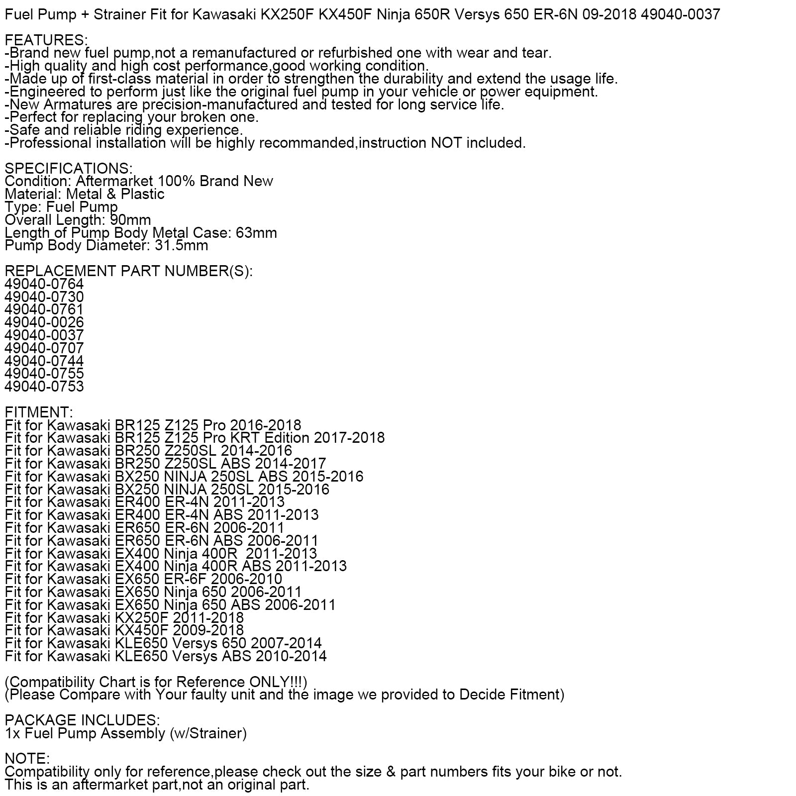 Polttoainepumppu Kawasaki KX250F KX450F ER-6N VERSYS 650 NINJA 650R Z125 06-18