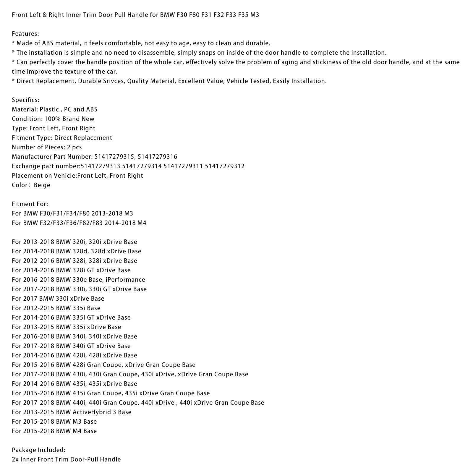 Links en rechts beige binnendeurgreepset voor BMW F30 F80 F31 F32 F33 F35