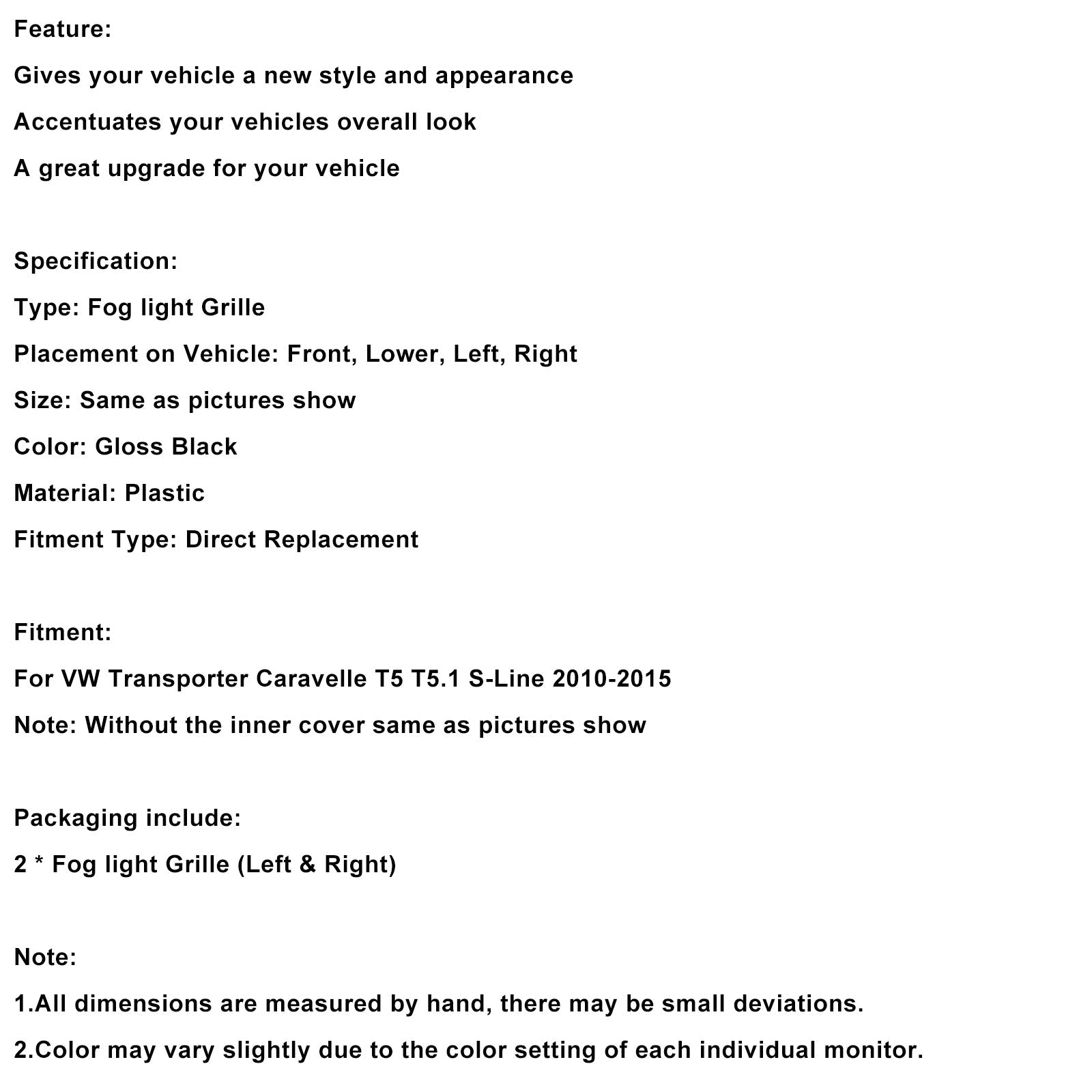 Beschermende rooster voor mistlichten voor VW T5.1 S-Line 2010-2015, glanzend zwart