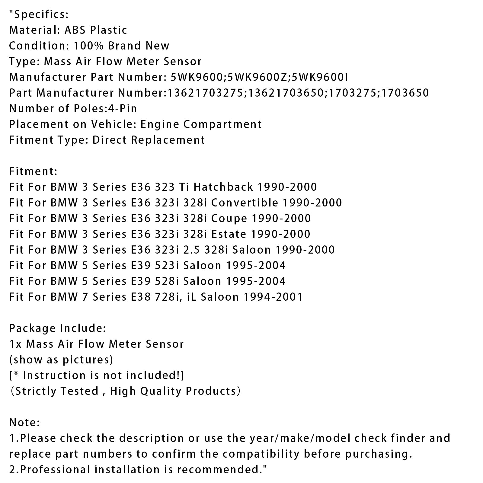 Senzor merilnika pretoka d'masa zraka za BMW E36 323i 328i E39 528i 5WK9600