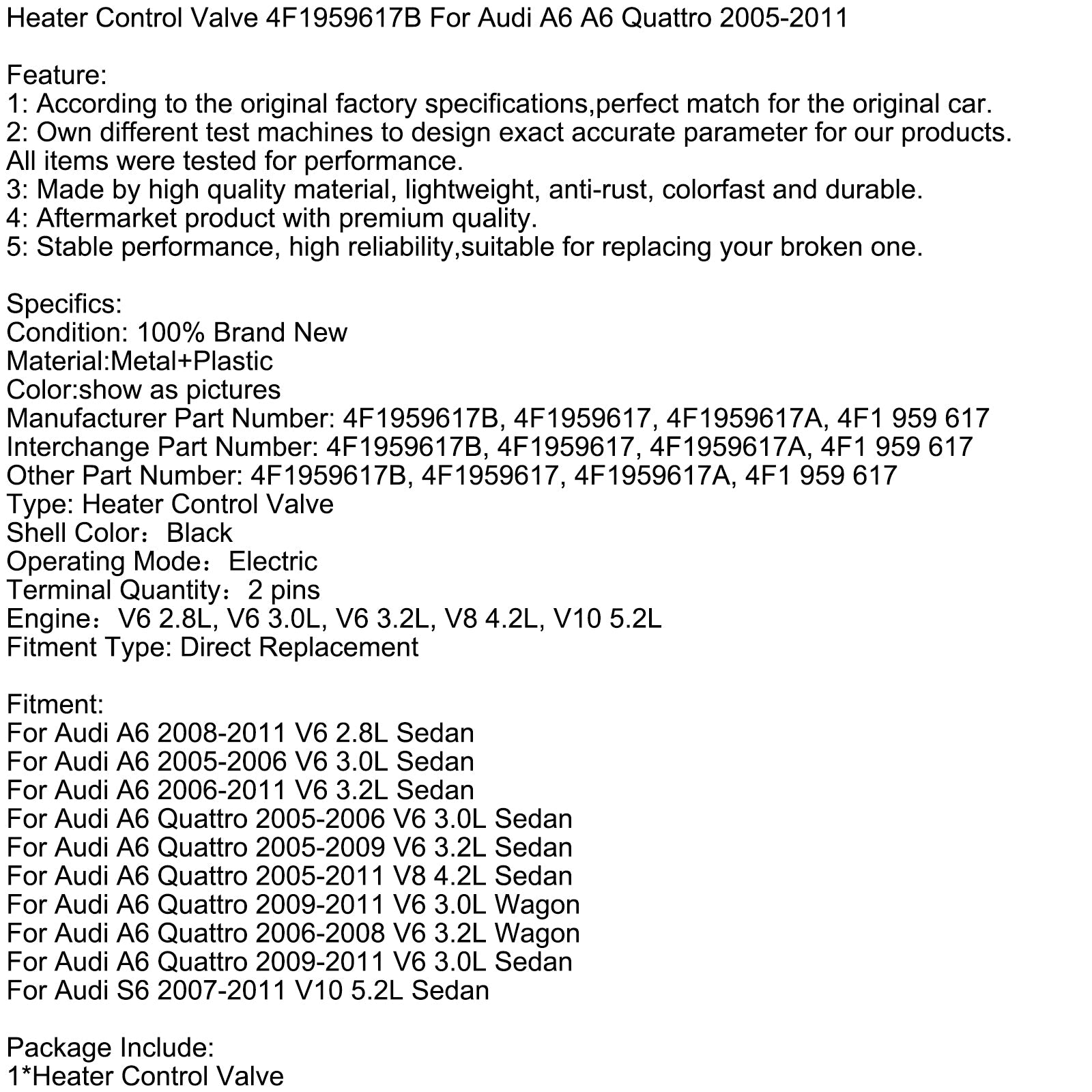 4F1959617B Válvula de control de calentamiento para Audi A6 Quattro 2005-2011