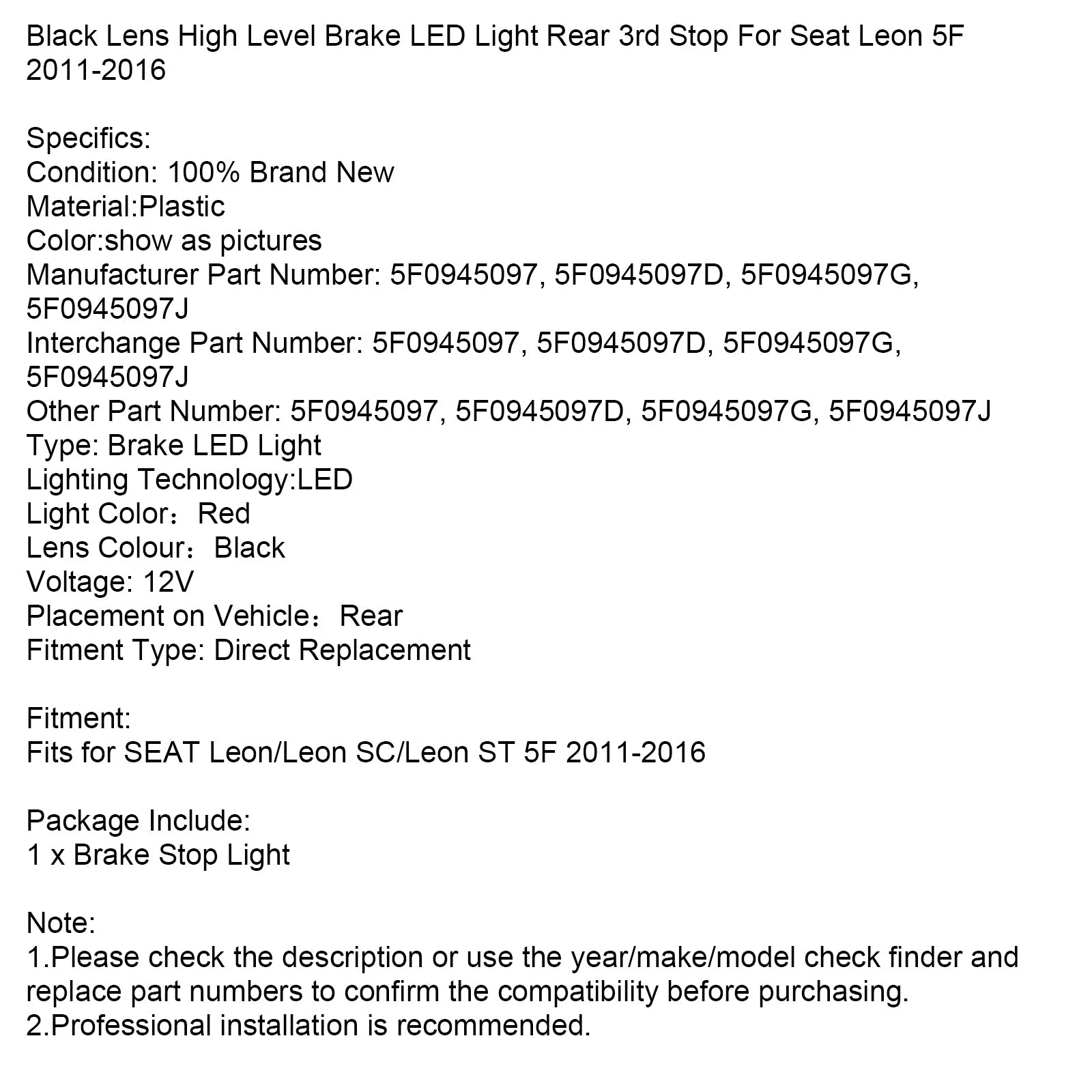 Feu stop arrière LED haut de gamme pour Seat Leon 5F 2011-2016, lentille noire