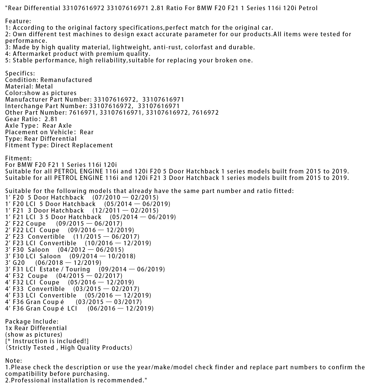 Achter differentiaal BMW 1 F30 F30 LCI Sedan 09/2014-10/2018 33107616972 33107616971 Rapport 2.81
