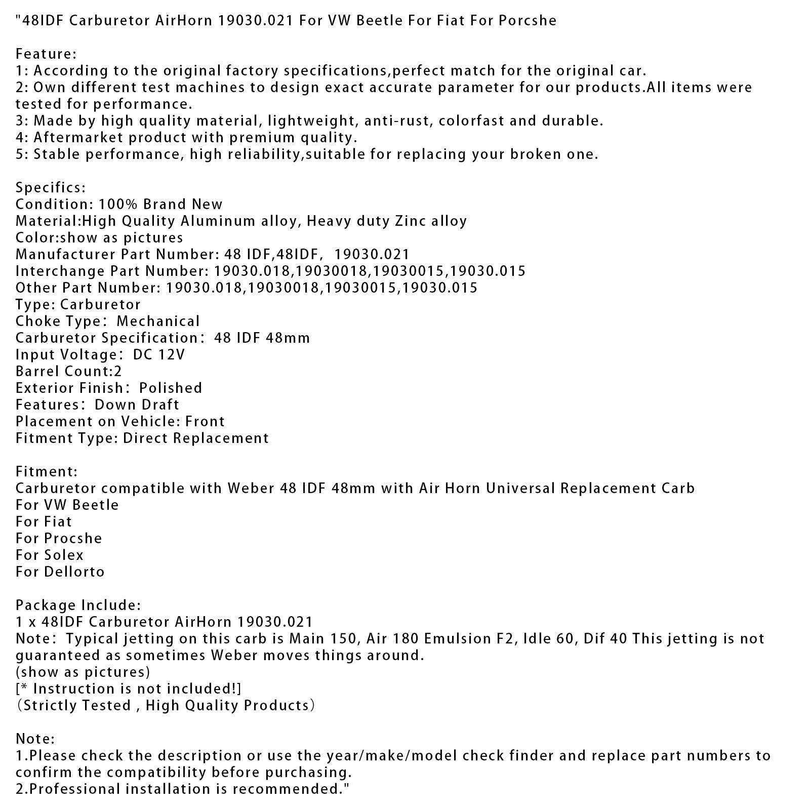 Airhorn Carburetor 48IDF 19030.021 dla VW Beetle dla fiat dla Pigshe