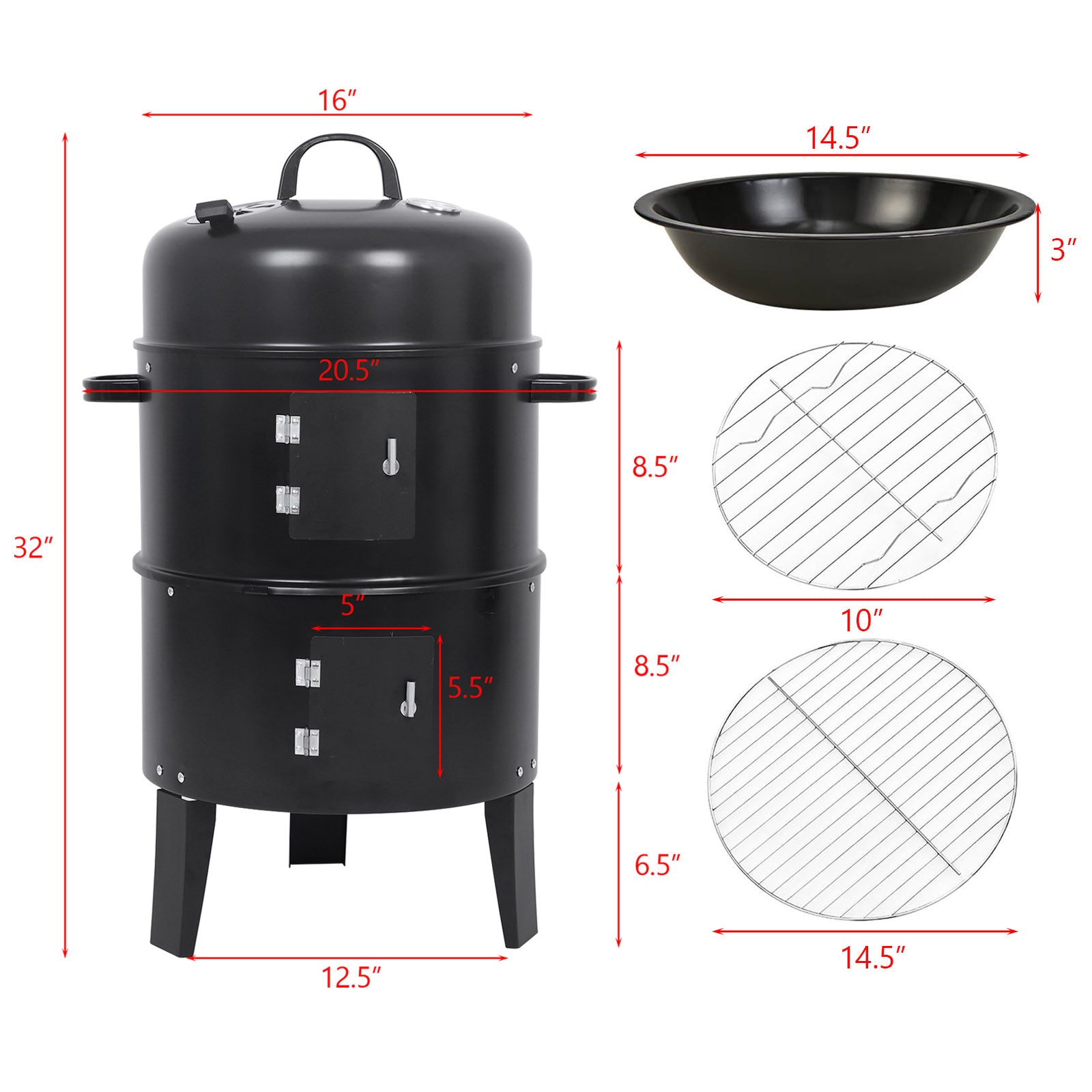 Barbecue Fumoir Vertical 3-en-1 Démontable – Grande Capacité