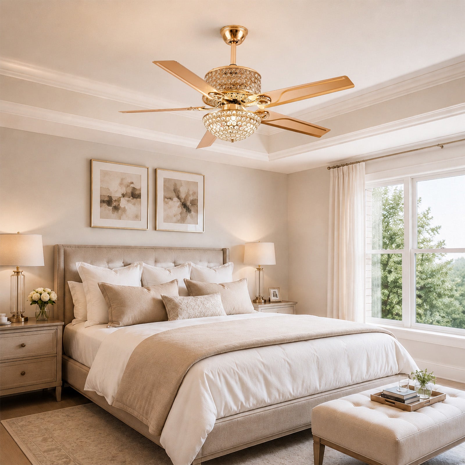 Ventilateur de Plafond Doré avec Lustre en Cristal 52" – Éclairage LED, Télécommande, 5 Pales, 6 Vitesses