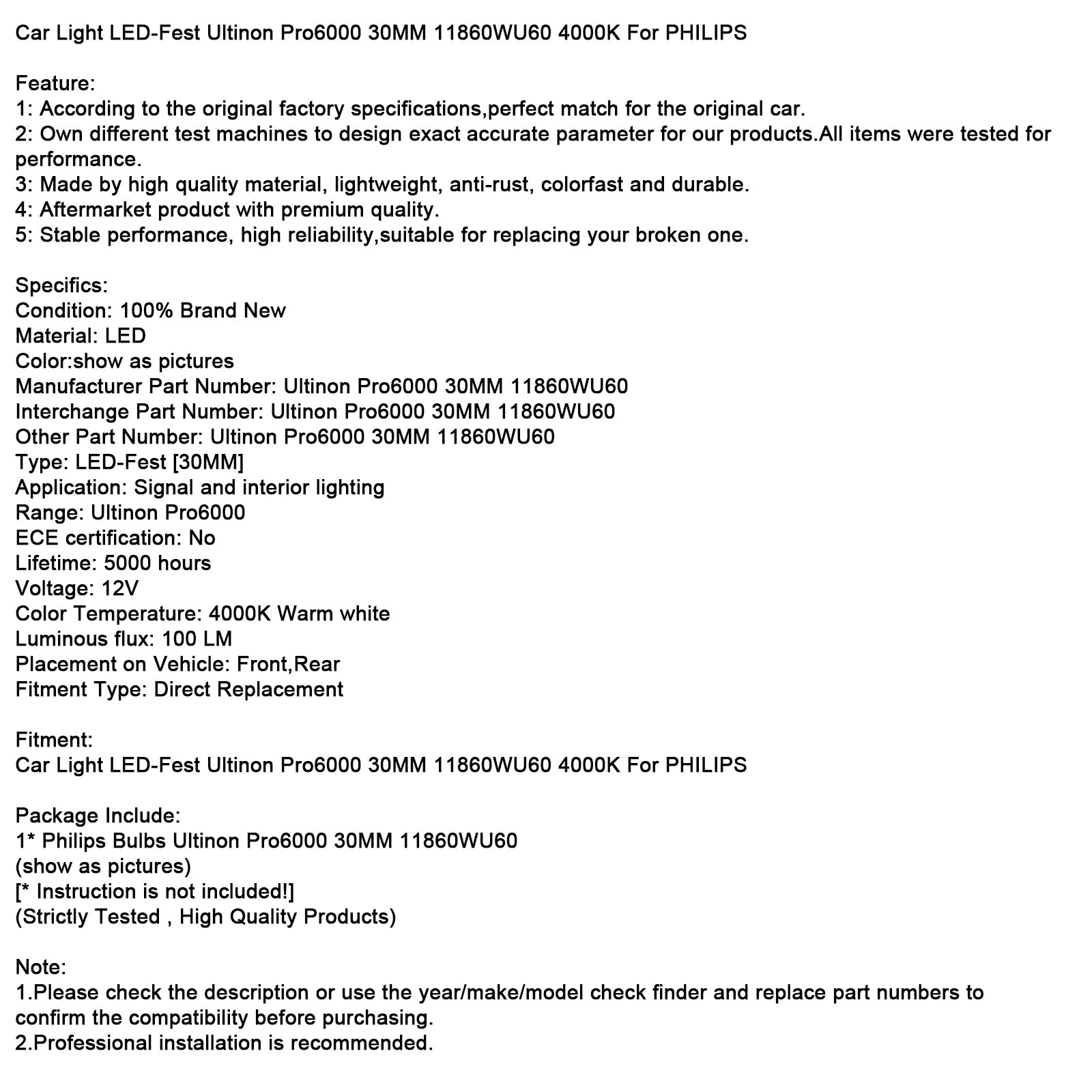 Phare LED pour voiture Ultinon Pro6000 30 mm 11860WU60 4 000 K pour Philips