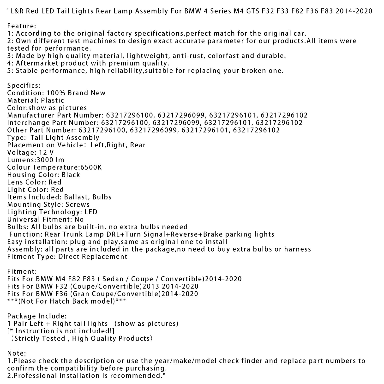 Vasen ja oikea punainen LED-takavalot BMW M4 F82 F83 (sedan, coupe, vaihtovelkakirjalaji) 2014-2020, 63217296100 ja 632172960999