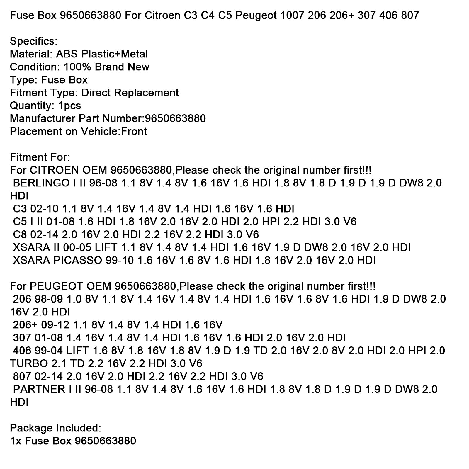 Fuse Box 9650663880 per Citroën C3 C4 C5 Peugeot 1007 206 206+ 307 406 807