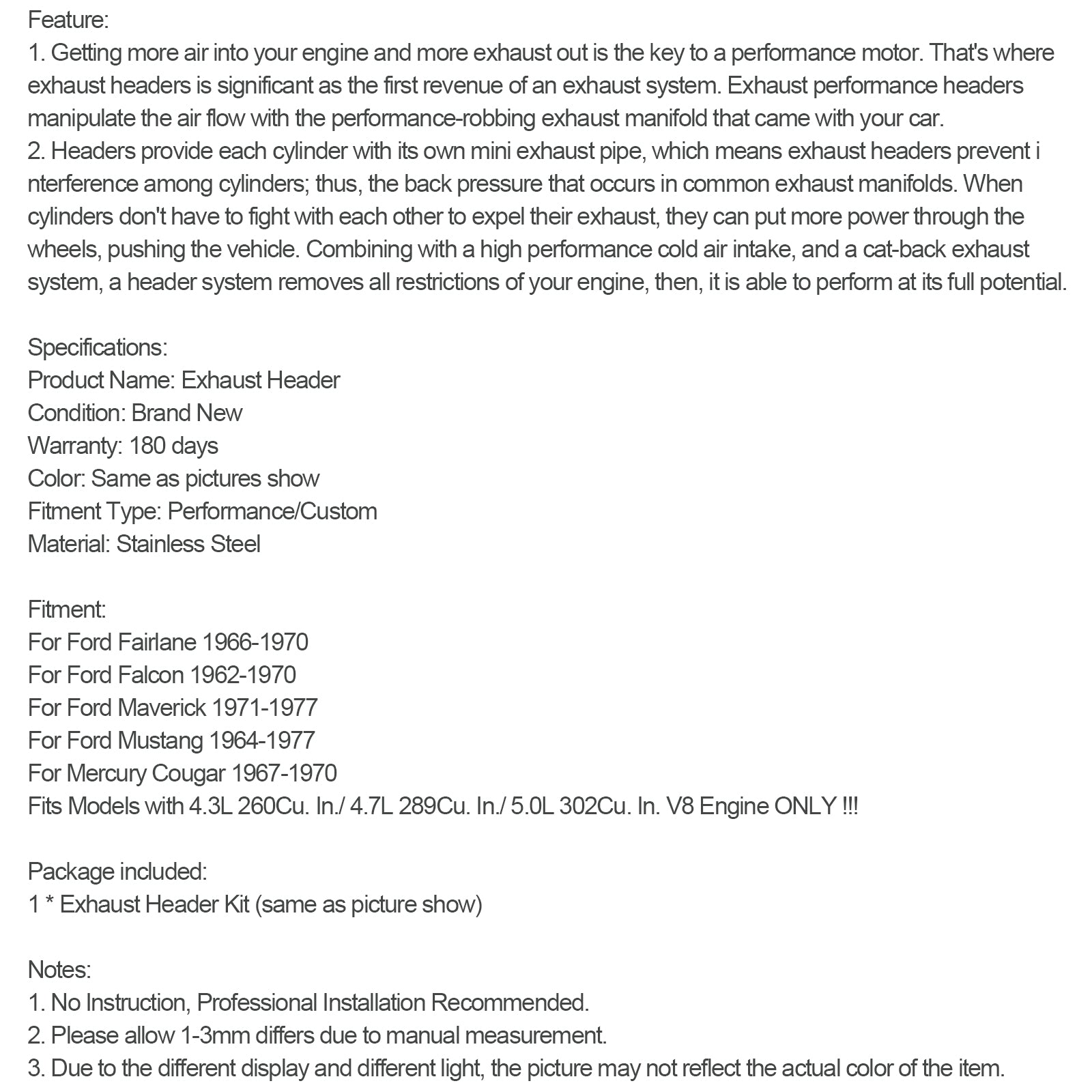 Ford Mustang 1964-1977 Collecteur d'échappement en acier inoxydable
