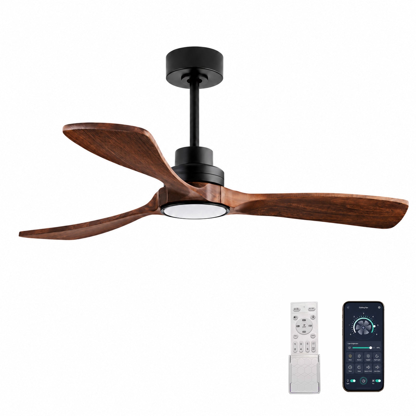 Ventilateur de Plafond Intelligent 52" avec Éclairage – Télécommande/App, Ultra Silencieux, Pales en Bois Massif