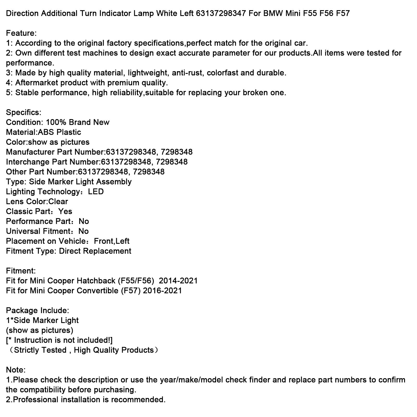 Dodatkowe białe lewe migające światło dla BMW Mini F55 F56 F57