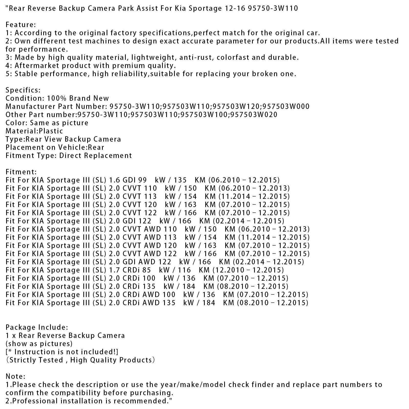 Caméra de recul avec assistance au stationnement pour Kia Sportage 12-16 95750-3W110