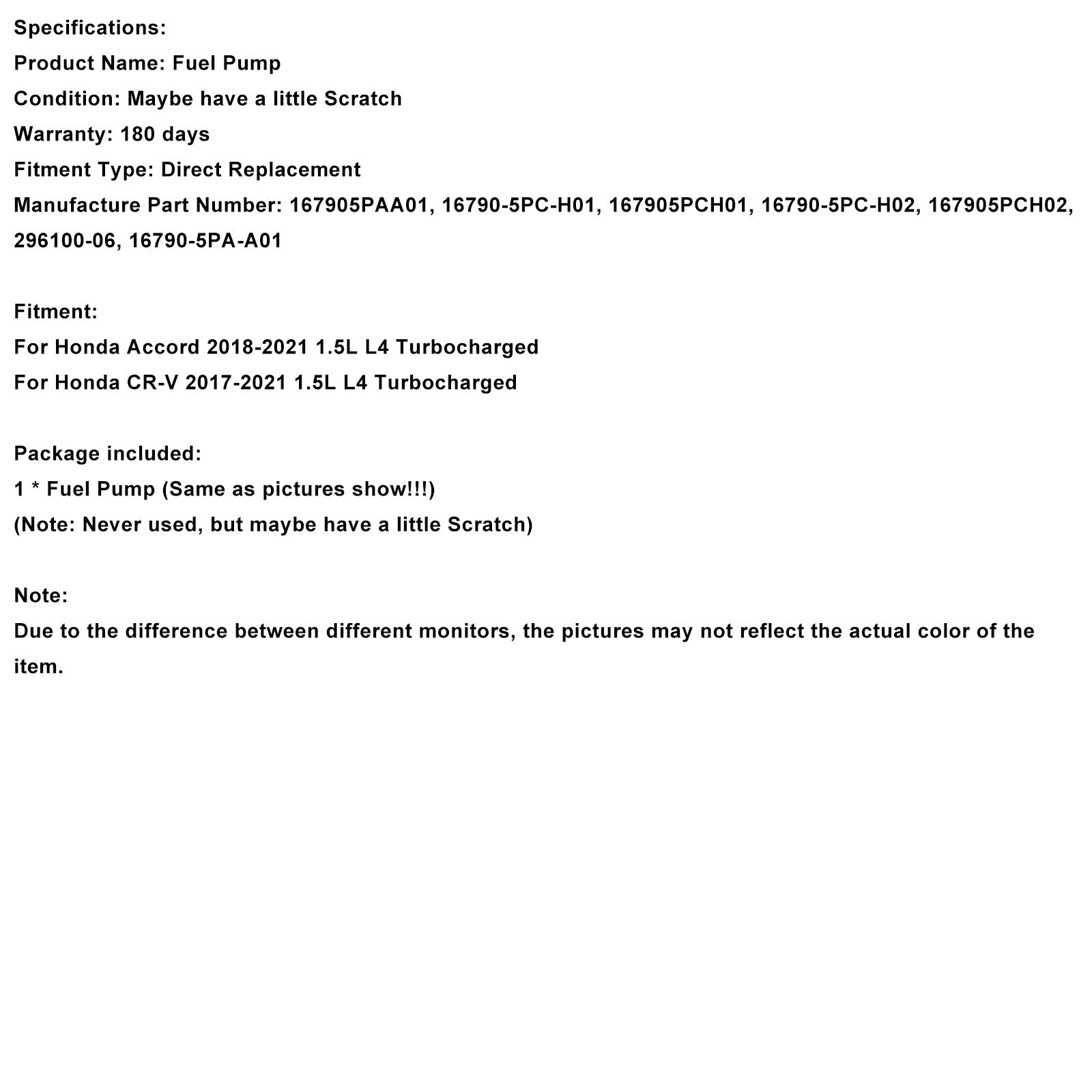 Bomba de combustible de alta presión para Honda CR-V 1.5L L4 Turbo (2017-2021) - Números de pieza : 16790-5PC-H01, 296100-06, 167905PCH02