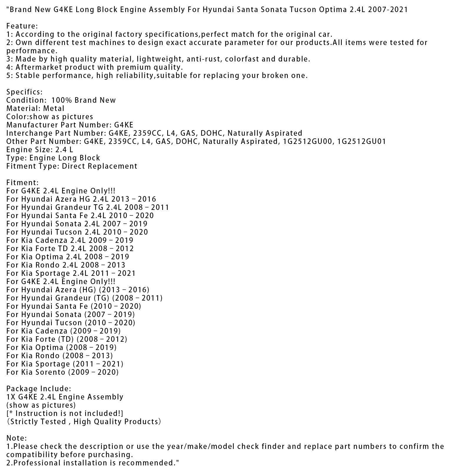 Bloc moteur long G4KE pour Hyundai Santa Sonata Tucson 2.4L (2007-2021)