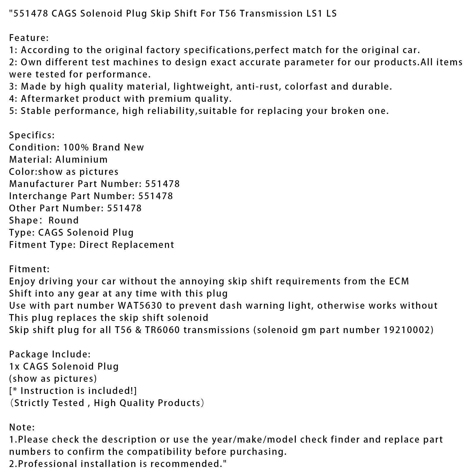 Cap di solénoid 551478 per il cambio T56 LS1 LS