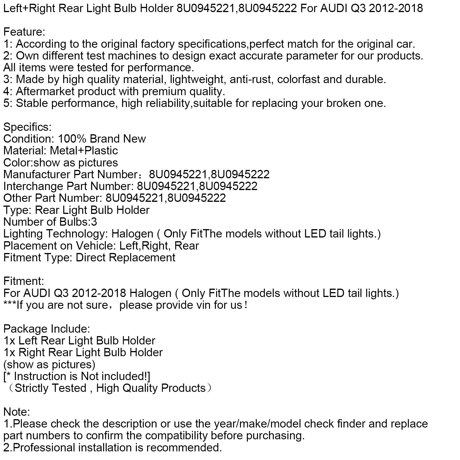 Podpora d&Žarnica leve in desne zadnje luči za AUDI Q3 2012-2018 8U0945221 8U0945222