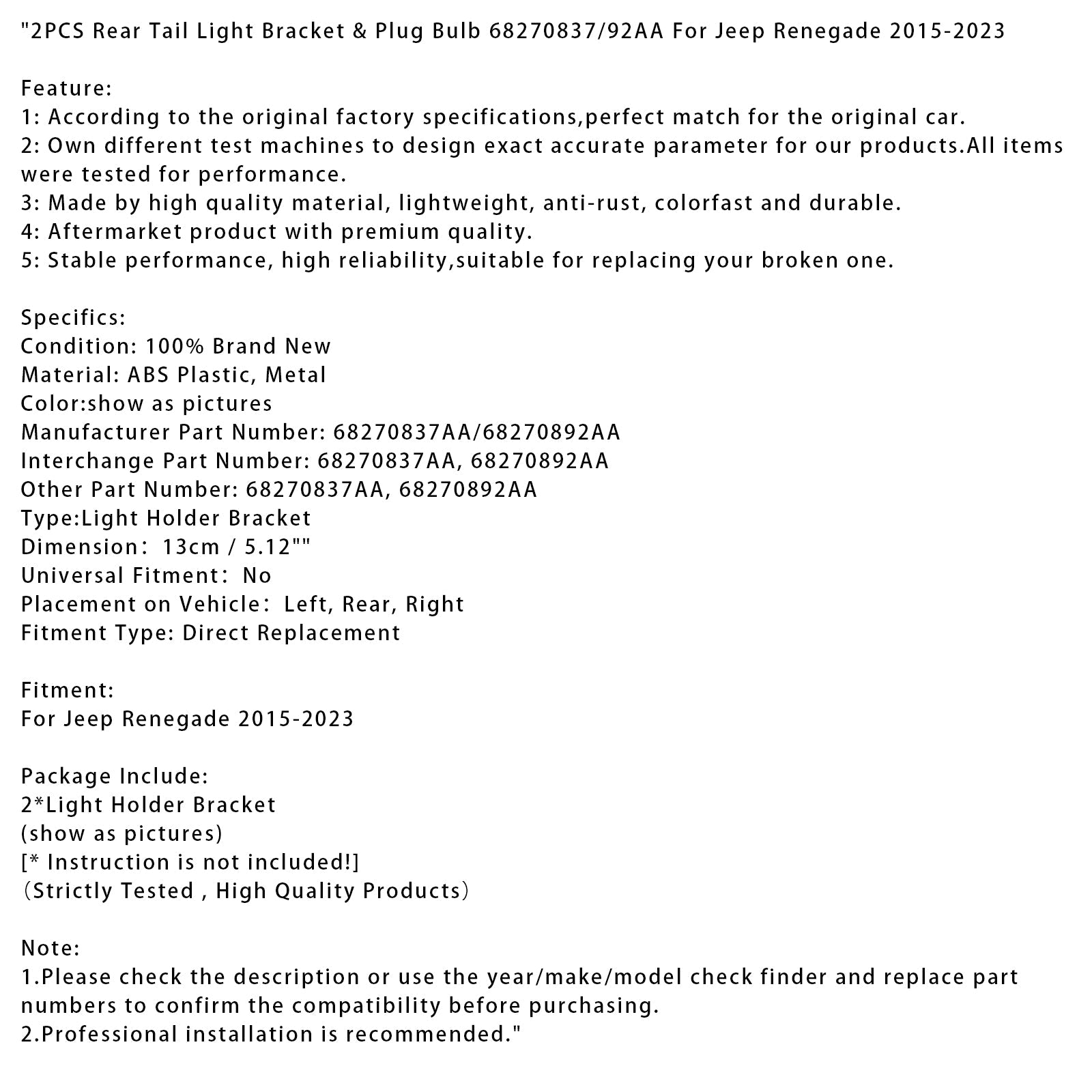 Achterlichtsteun en socket lamp 68270837/92AA voor Jeep Renegade 2015-2023