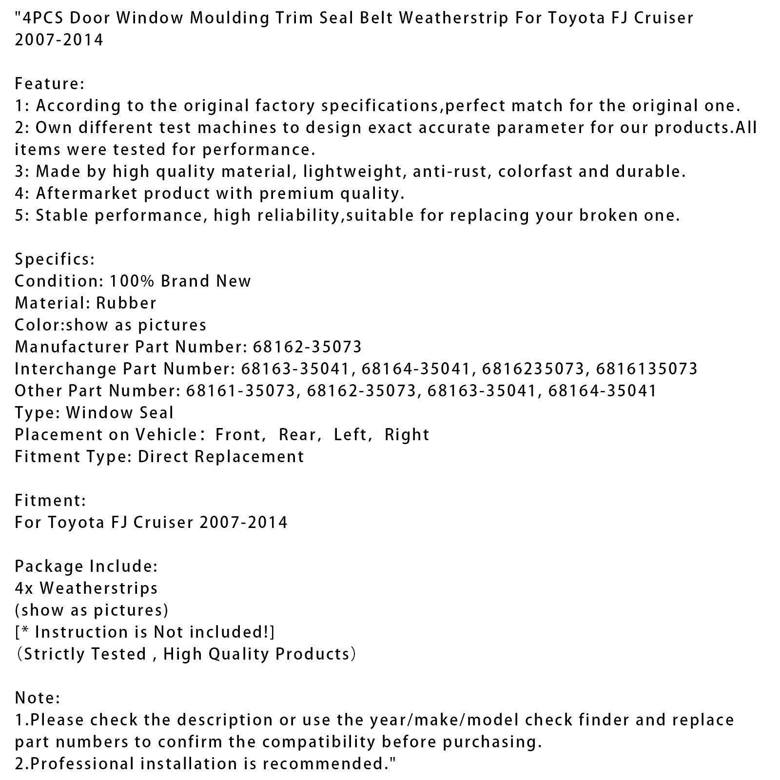 Joint d'étanchéité de moulure de fenêtre (4 pièces) pour Toyota FJ Cruiser (2007-2014).