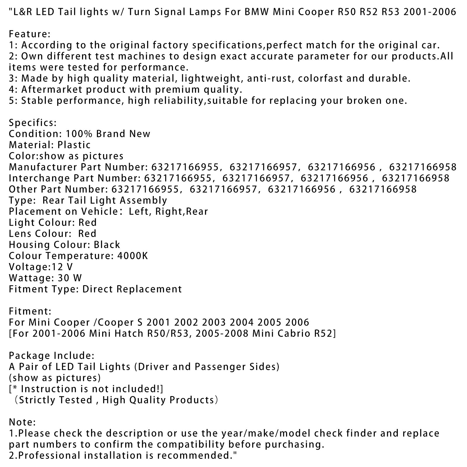 Luci posteriori a LED con indicatori per BMW Mini Cooper R52 R53 G & D 2001 2002 2003 2004 2005 2006