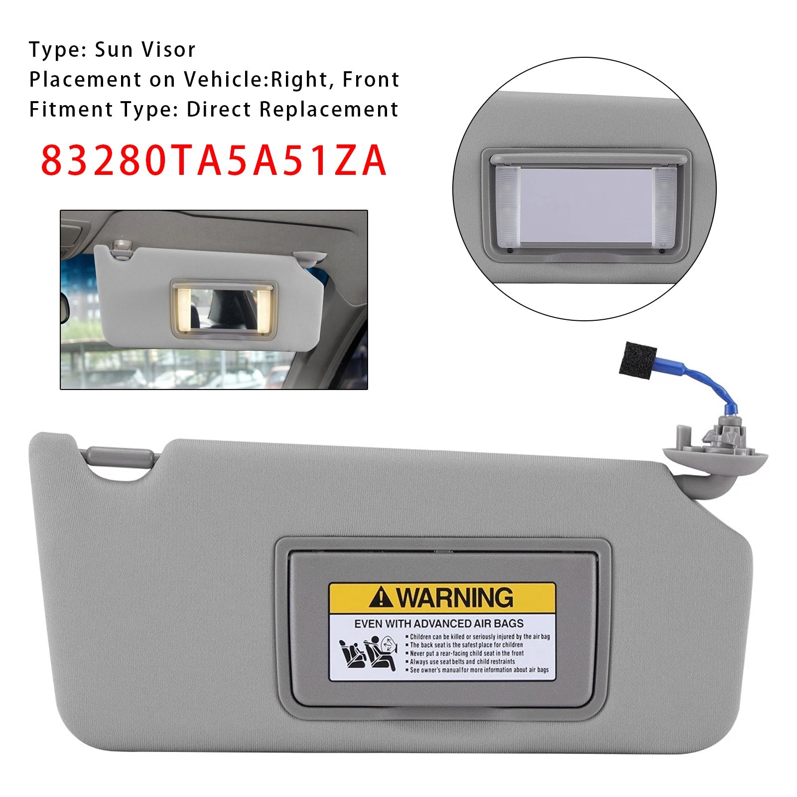 Visiera parasole destra grigia per Honda Accord 2008-2017, codice articolo 83280TA5A51ZA