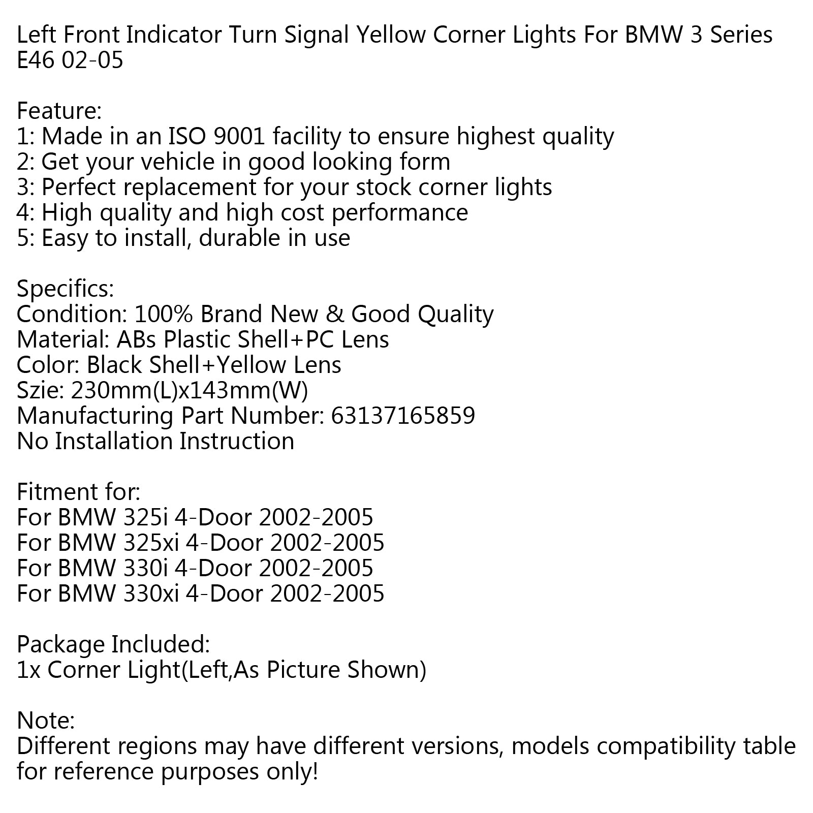 Links voorste indicator Turnal Signal Gele hoeklichten passen voor BMW 3-serie E46 02-05