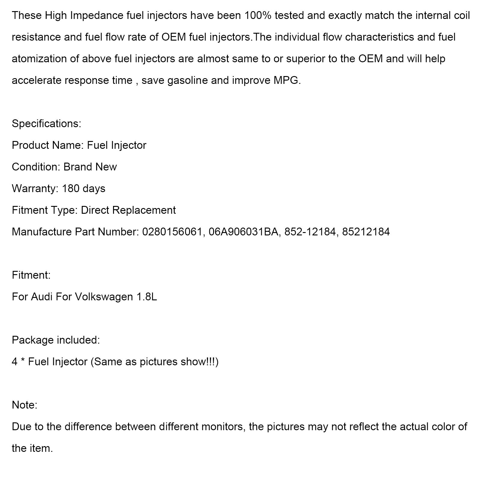 4PCS Fuel Injector 0280156061 Pour Audi Pour Volkswagen 1.8L 852-12184