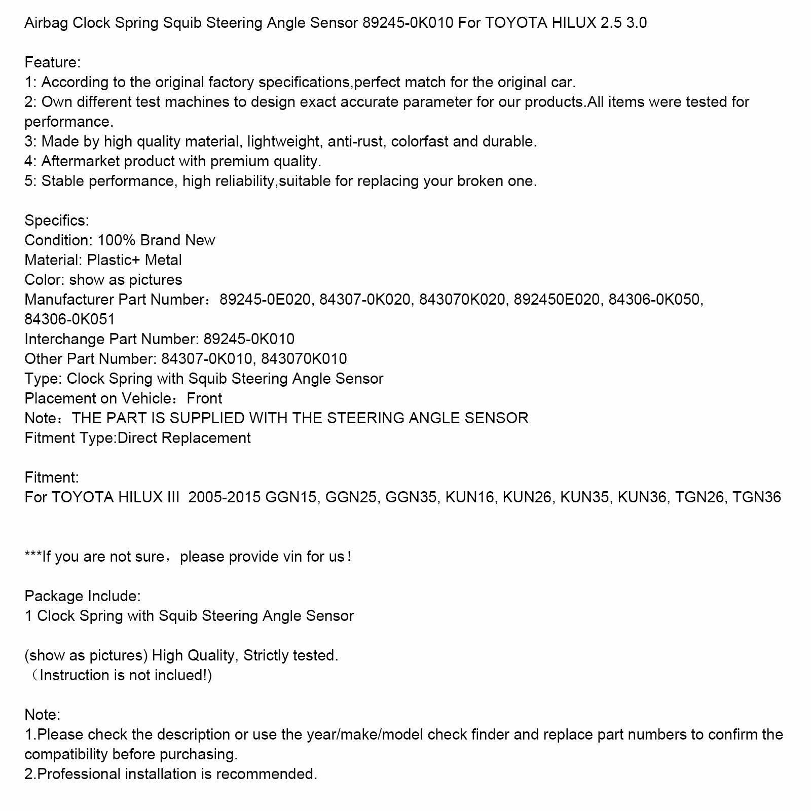 Sensore dell'angolo di sterzata a molla Squib dell'orologio dell'airbag 89245-0K010 per HILUX 2.5 3.0