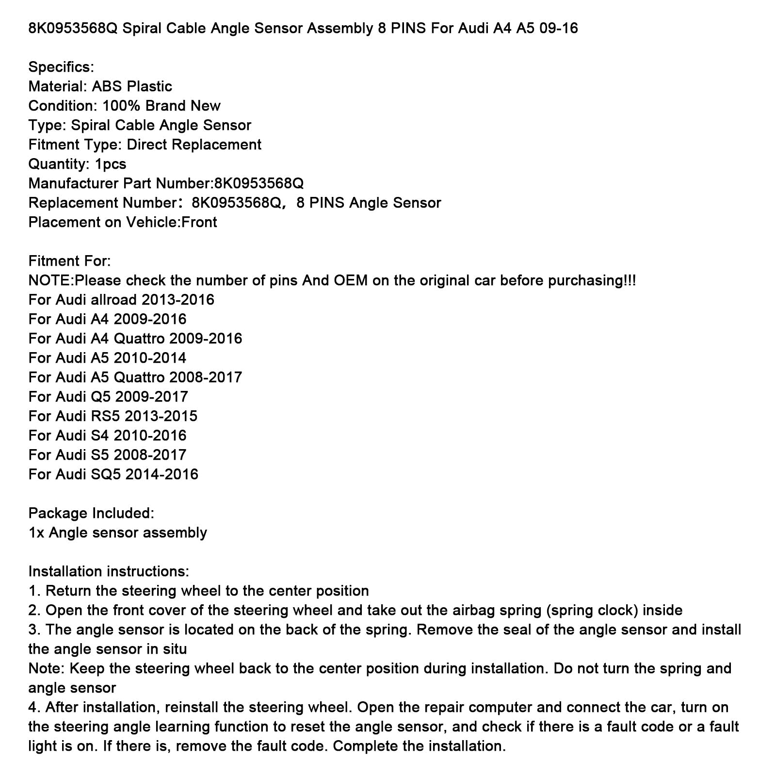 Kabel czujnika spiralnego&8-pinowy kątownik do Audi Q5 2009-2017 8K0953568Q