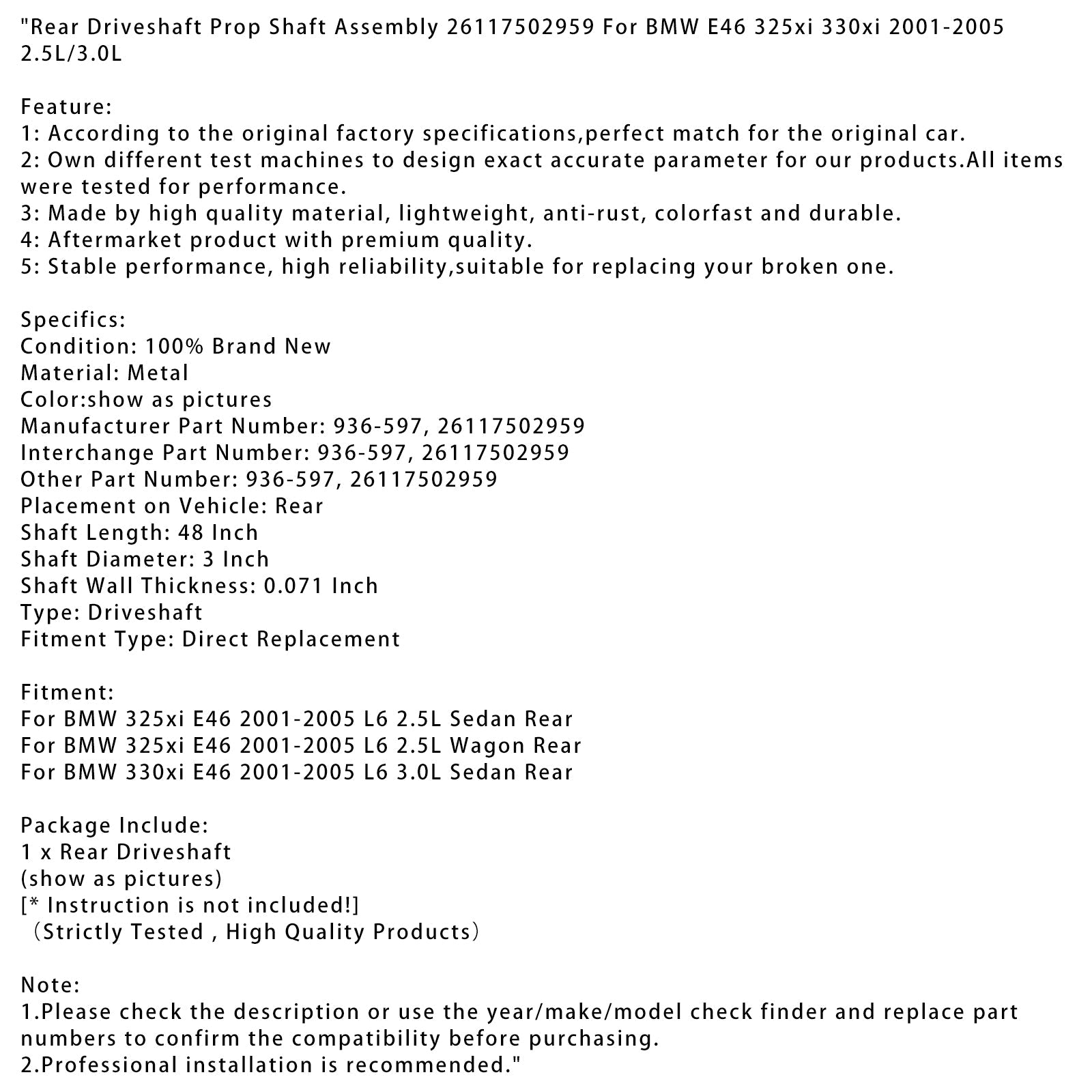 Arbre de transmission arrière pour BMW 325xi E46 L6 2.5L Wagon 2001-2005 26117502959 936-597