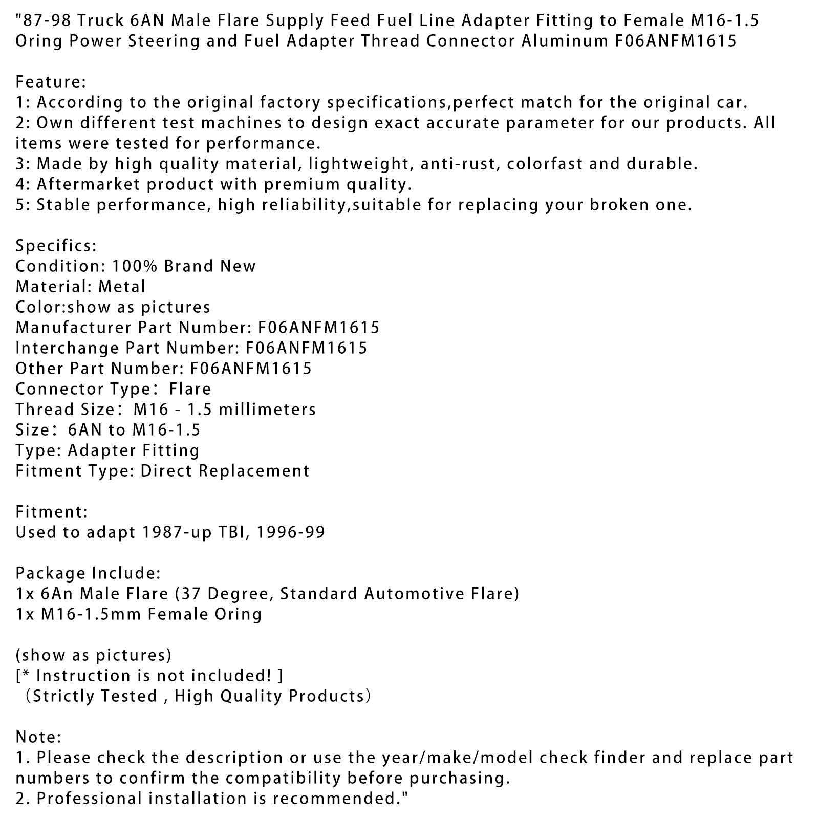 Adaptateur de conduite d'alimentation en carburant mâle 6AN raccordé à un connecteur femelle M16-1,5