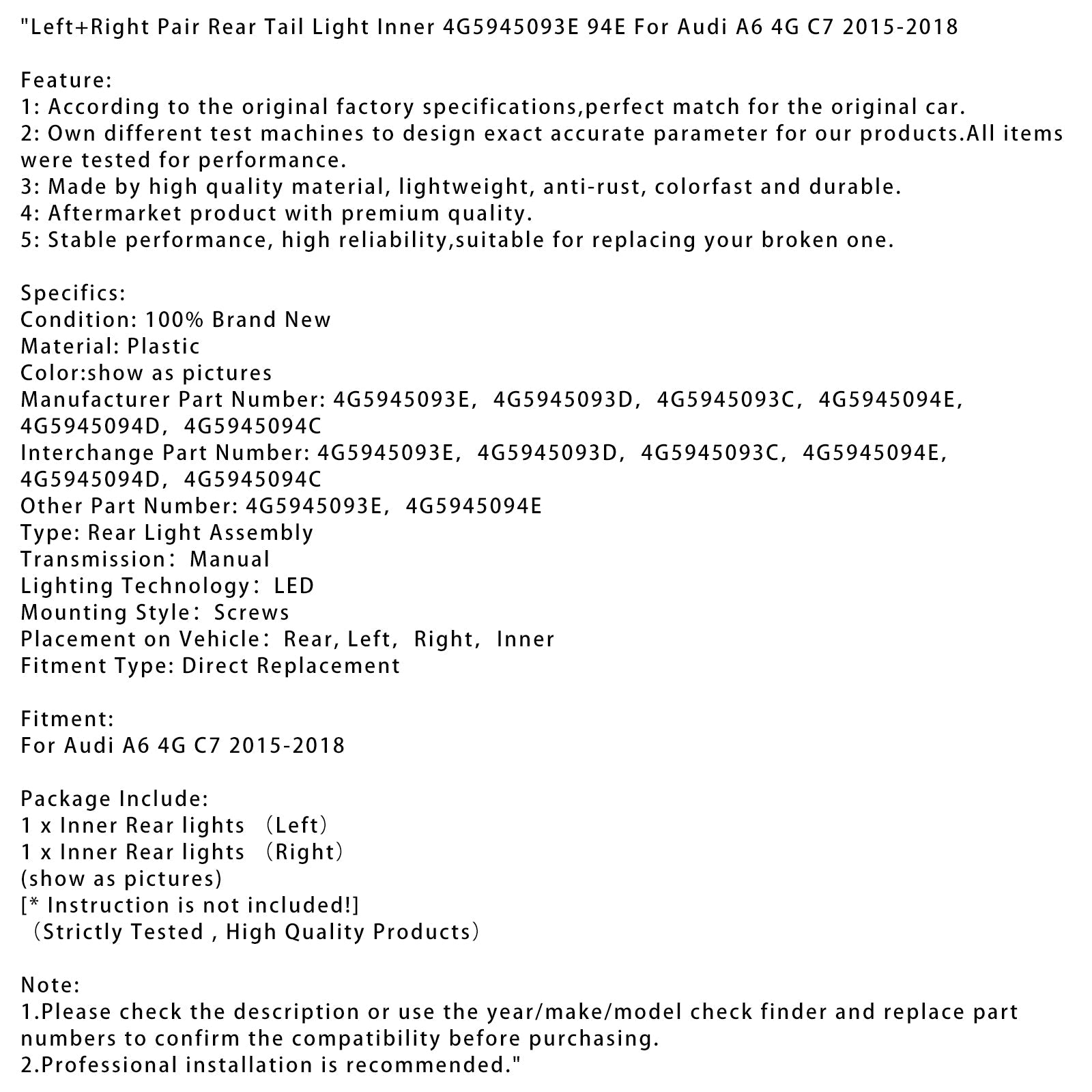 Paire de feux arrière intérieurs gauche et droit pour Audi A6 4G C7 2015-2018 4G5945093E 94E