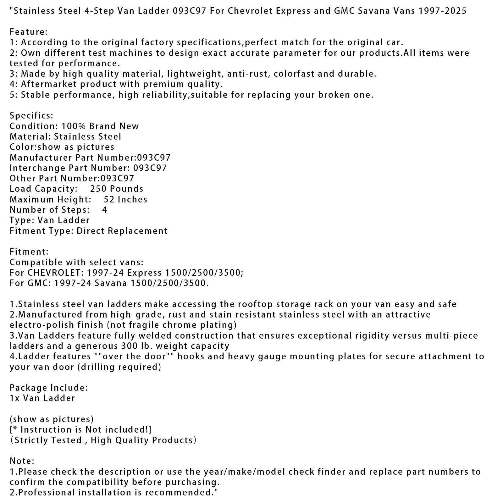 5-askelmaiset pakettiauton tikkaat GMC Savana 1500/2500/3500 (1997-2024) - Osanumero : 093PML