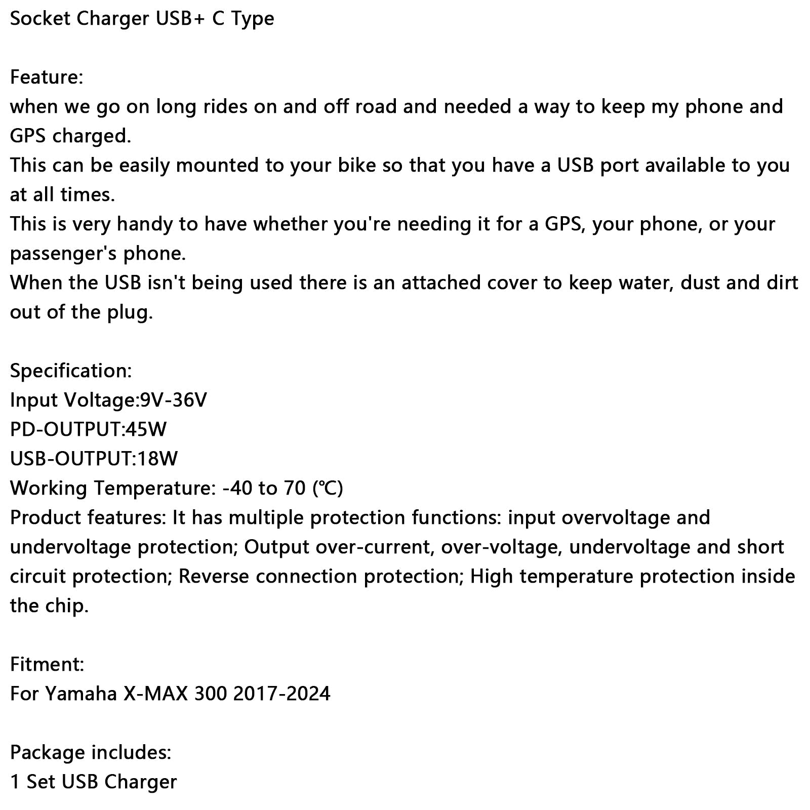 Quarter Charger 12 V USB + Type C dla Yamaha X-Max 300 2017-2024