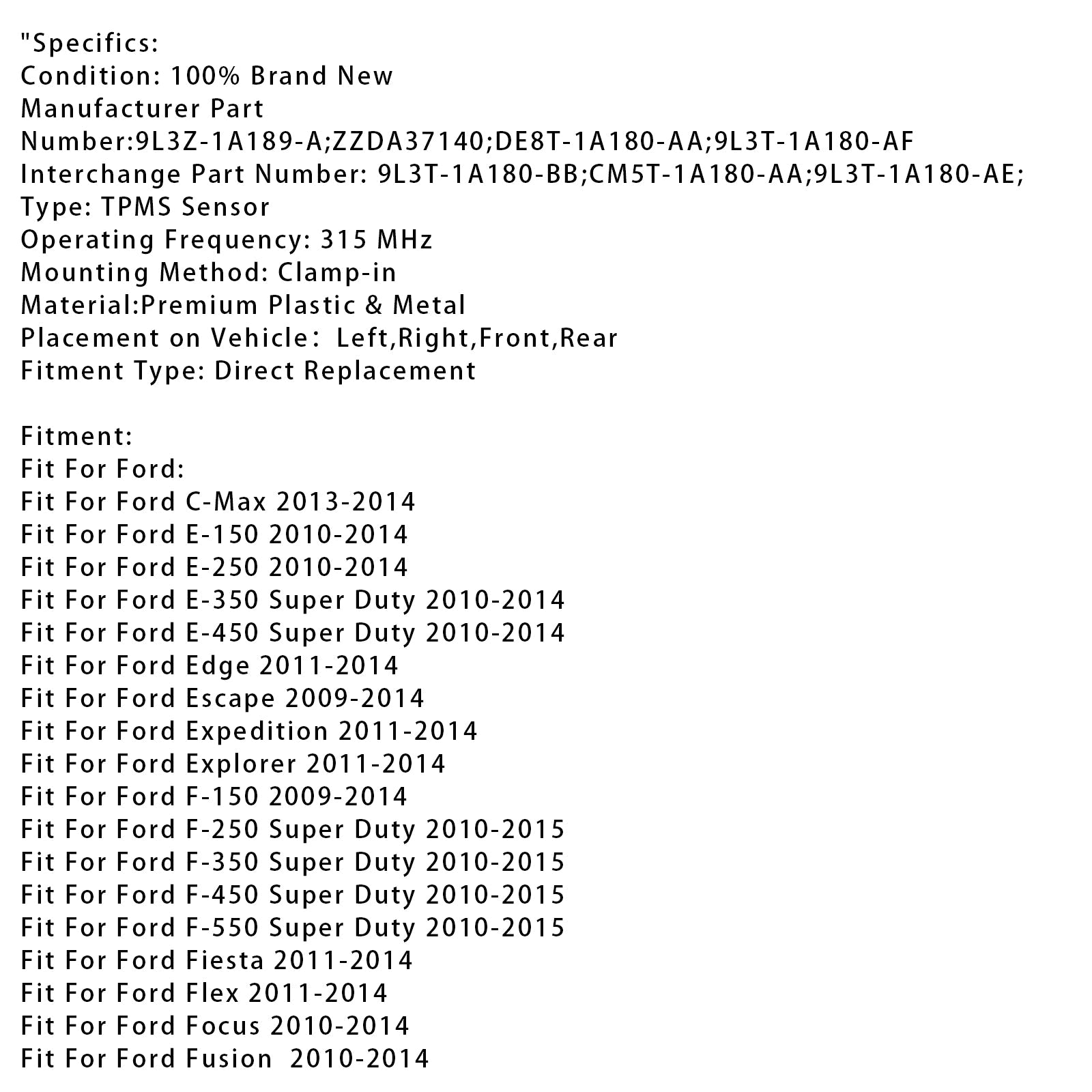 Capteur de pression des pneus TPMS 4X pour Ford Focus Fiesta C-Max Transit DE8T1A180AA