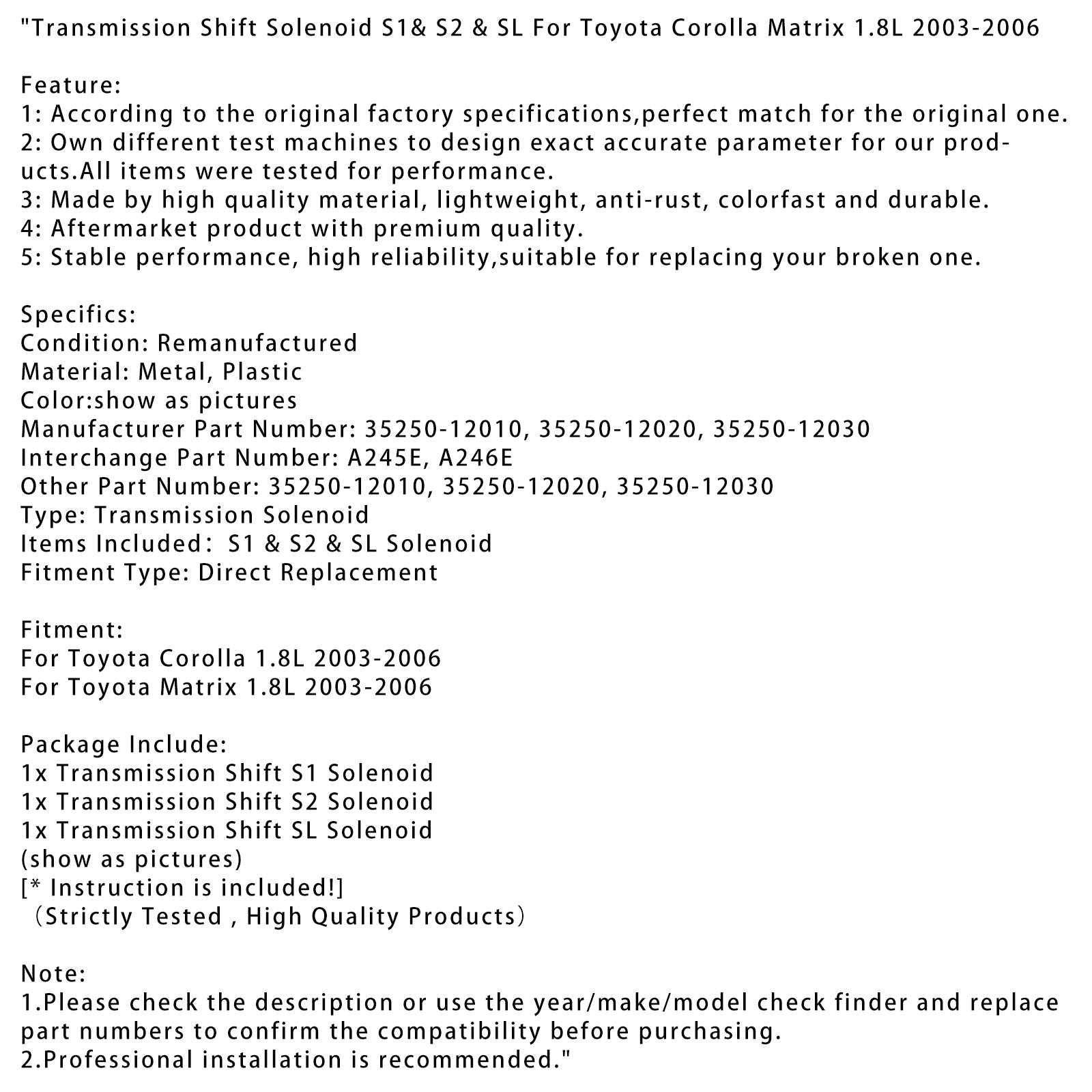 Solénoide de Toyota Corolla Cambio de velocidad de transmisión 1.8 L 2003-2006 S1, S2 y SL 35250-12010 35250-12020