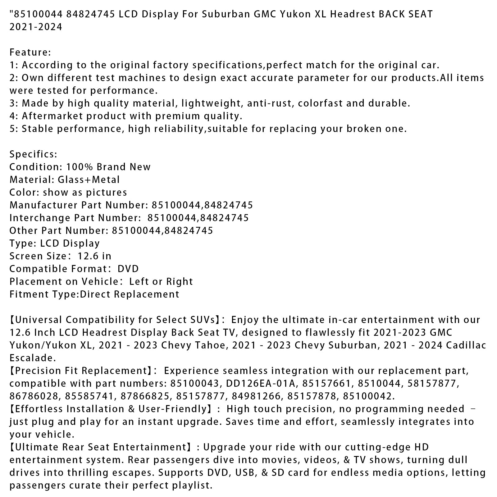 Ekran LCD 85100044 84824745 dla podmiejskiego GMC Yukon XL 21-24 Tylny zagłówek.