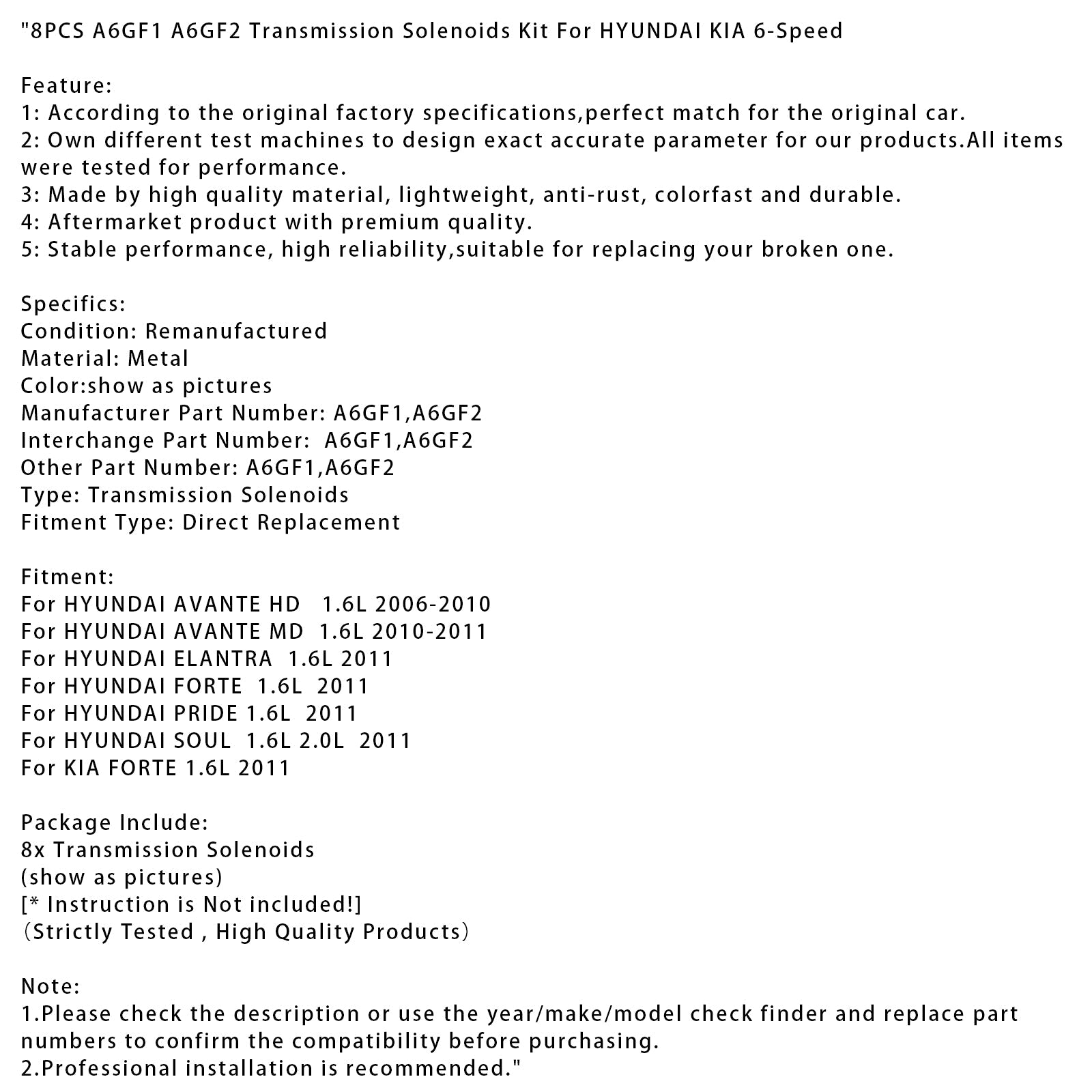 A6GF1 A6GF2 8-delige transmissiesolenoïdekit voor Hyundai Soul 1.6L en 2.0L (2011)