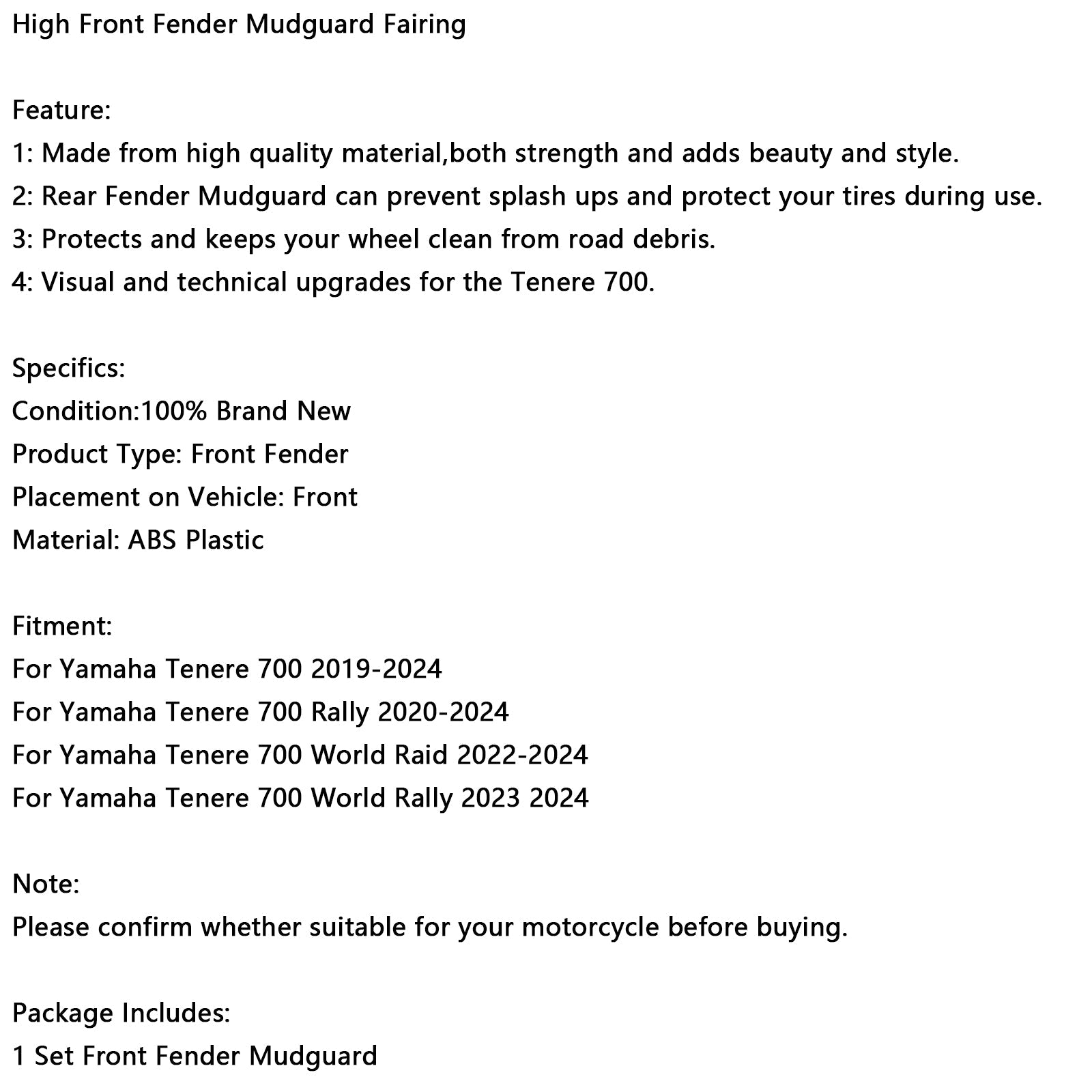 Wysokie przednie błoto dla Yamaha Tenere 700 2019-2024