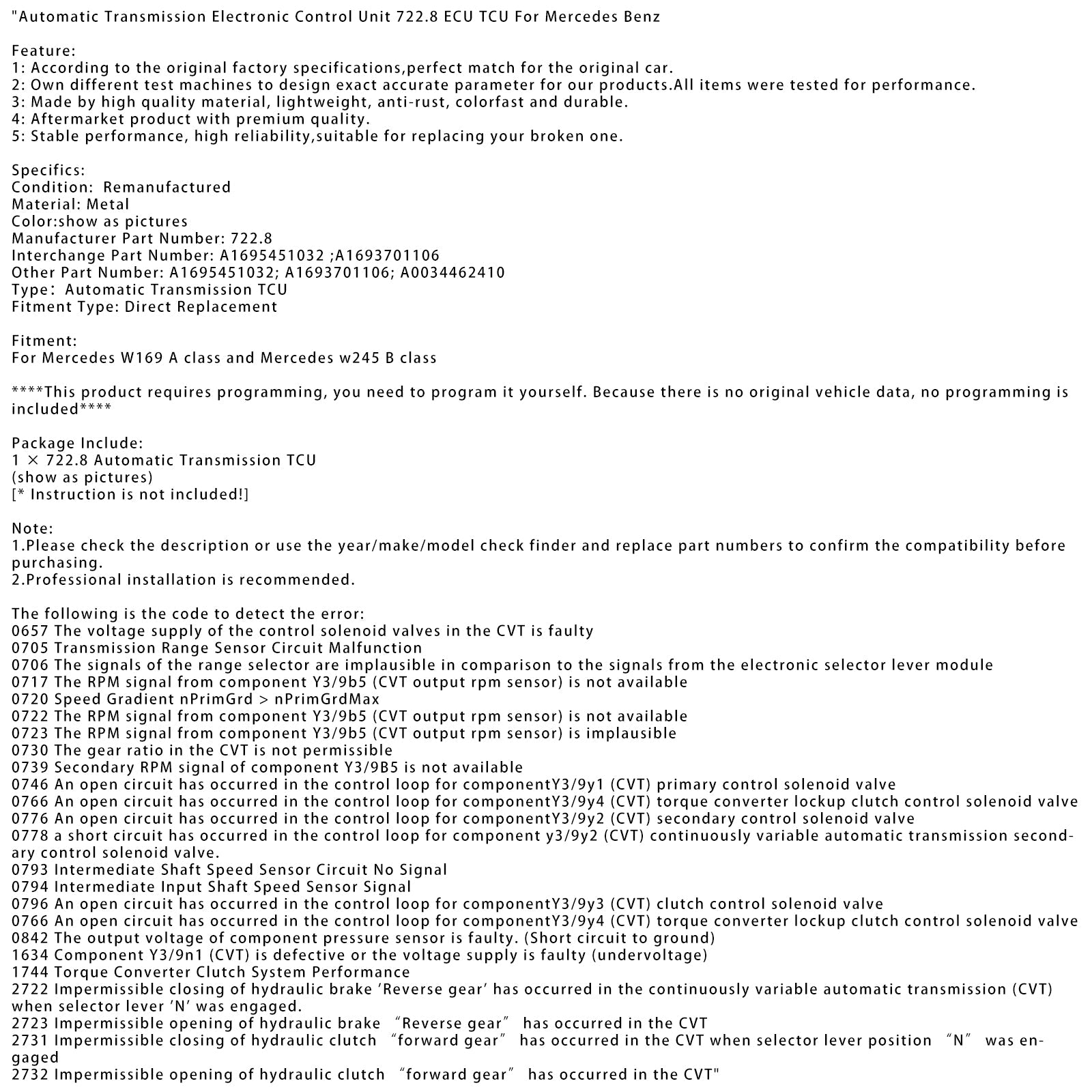 Mercedes Benz Classe A W169 Classe B W245 Centralina elettronica cambio automatico 722.8 ECU TCU A1695451032 Generico