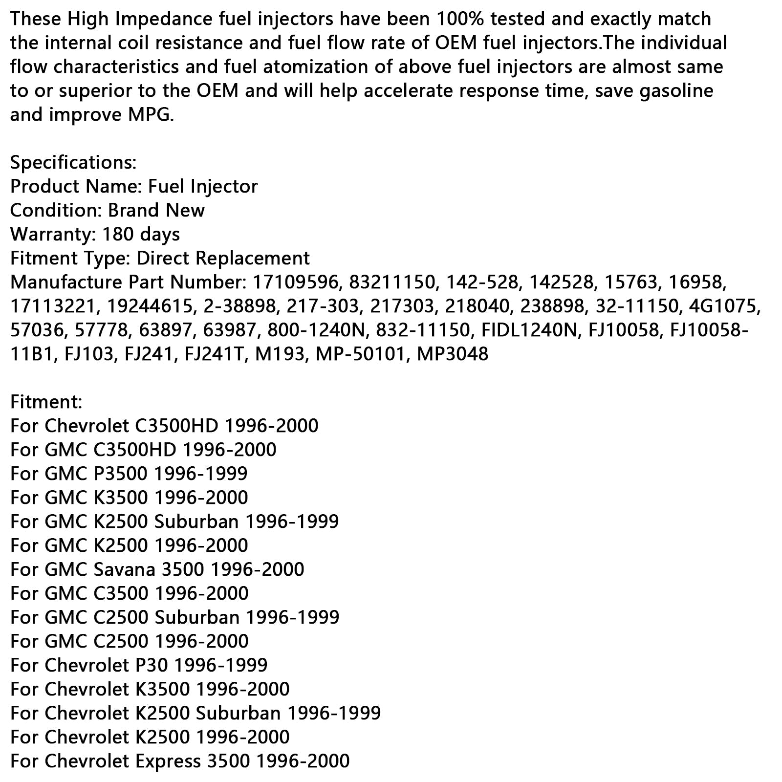 1 injecteur de carburant 17109596 pour Chevrolet Fit GMC 7.4L V8 1996-2000 83211150