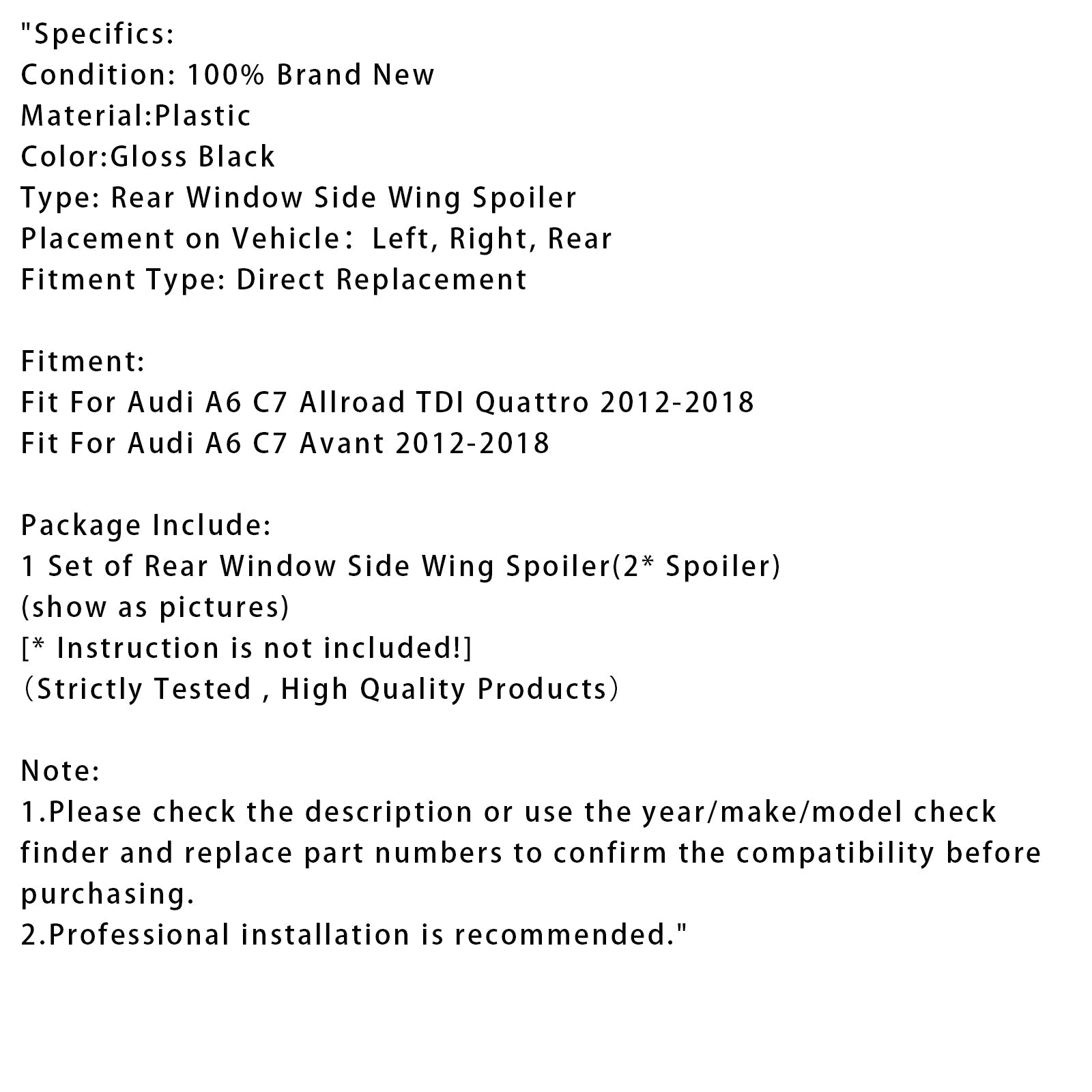 Pari kiiltävän mustaa takaikkunan sivuspoileria Audi A6 C7 Allroad Avant 2012-2018