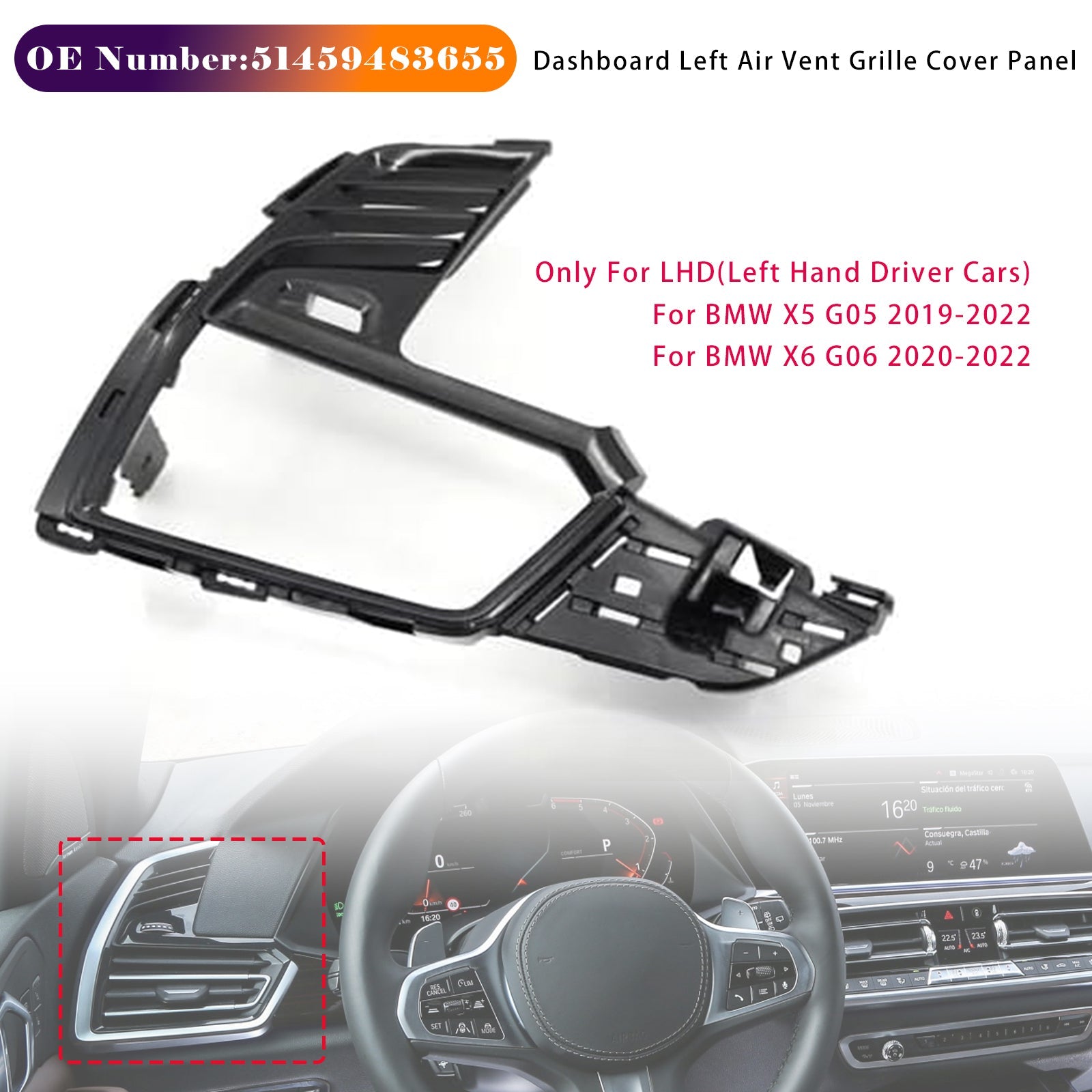 Copertura della presa d'aria del cruscotto sinistro 51459483655 adatta per BMW X5 X6 2019-2022