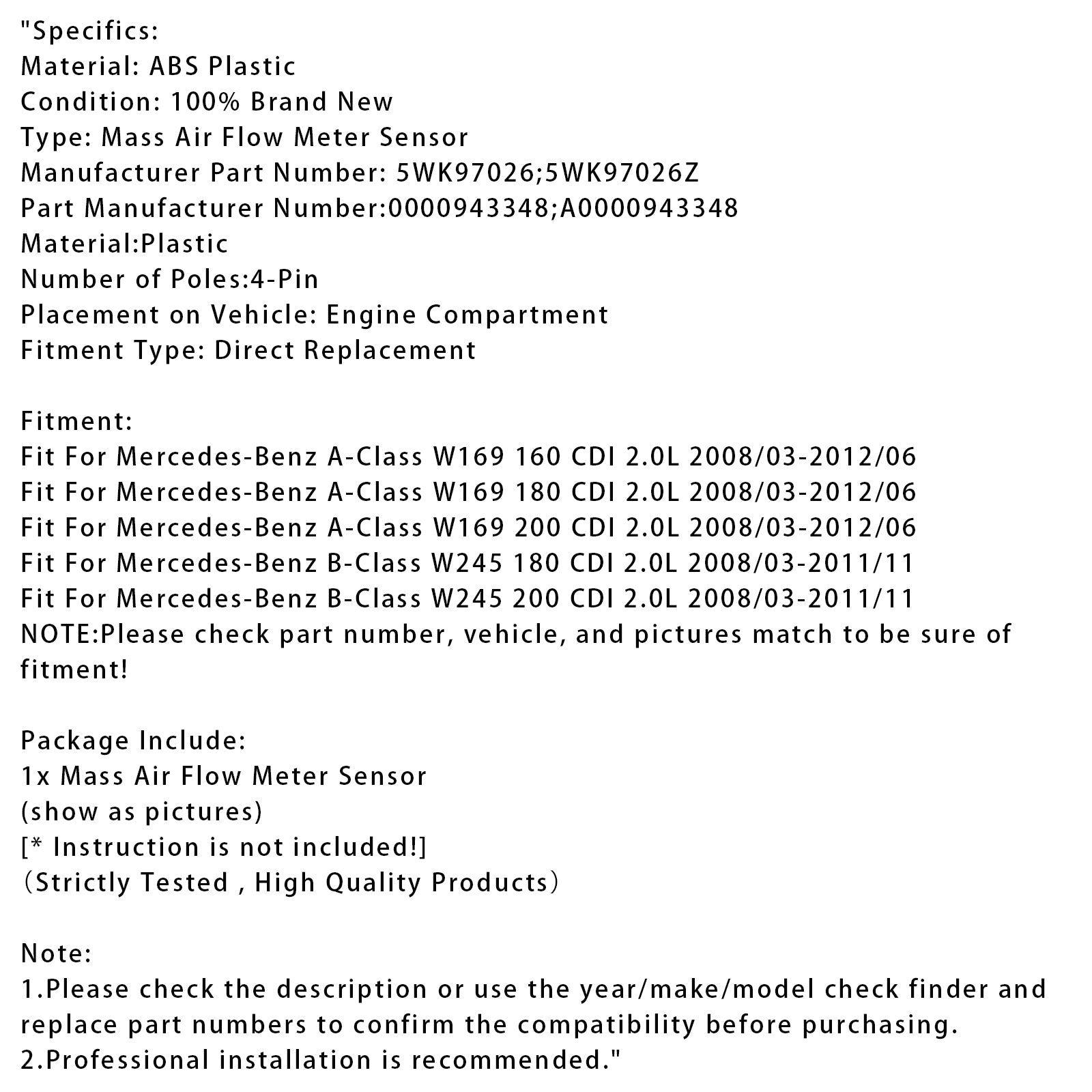 Sensore del misuratore di portata d'aria di massa per Mercedes-Benz AB W245 W169 5WK97026