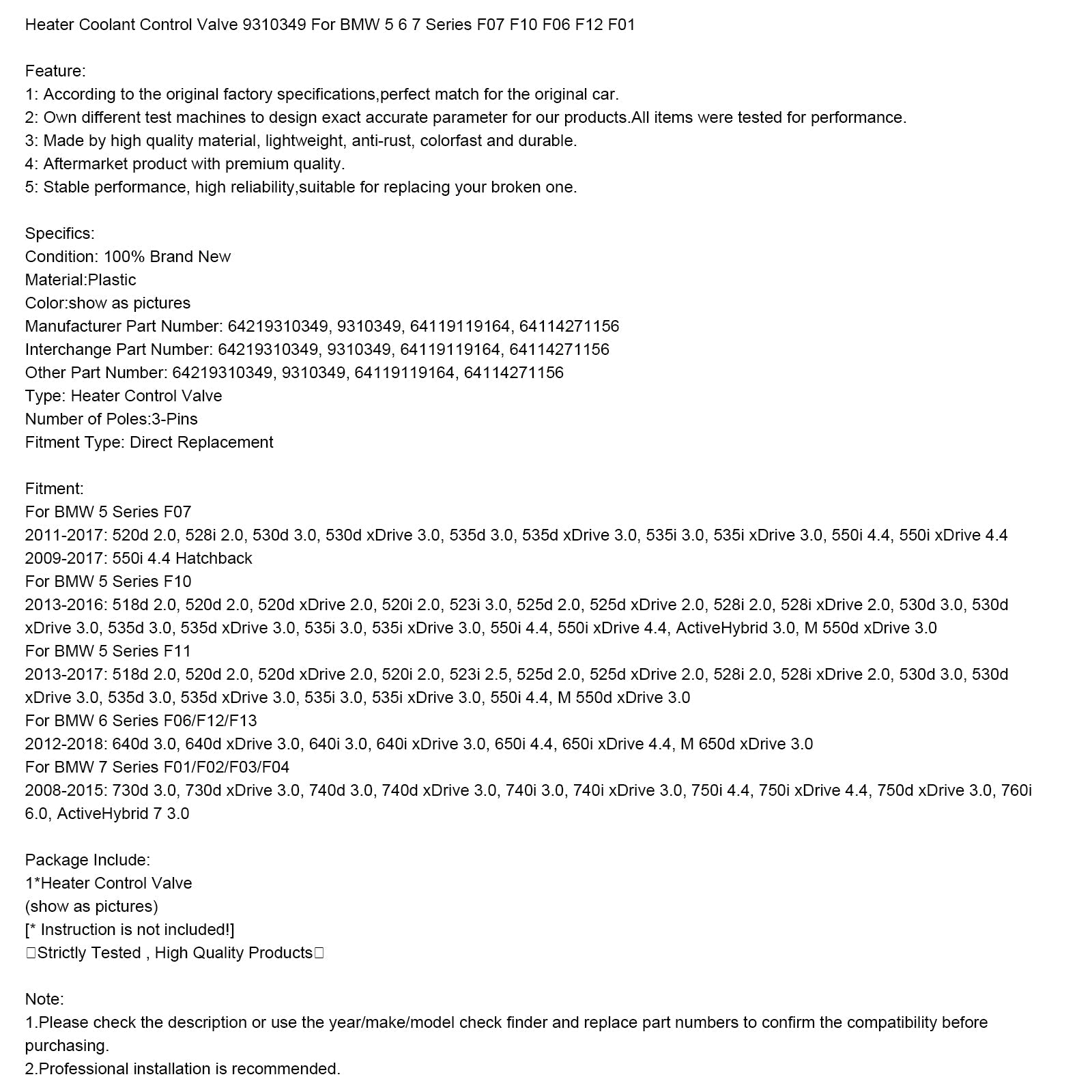 Valvola di controllo del liquido di raffreddamento del riscaldatore 64114271156 per BMW Serie 5, 6 e 7 F07, F10 e F06