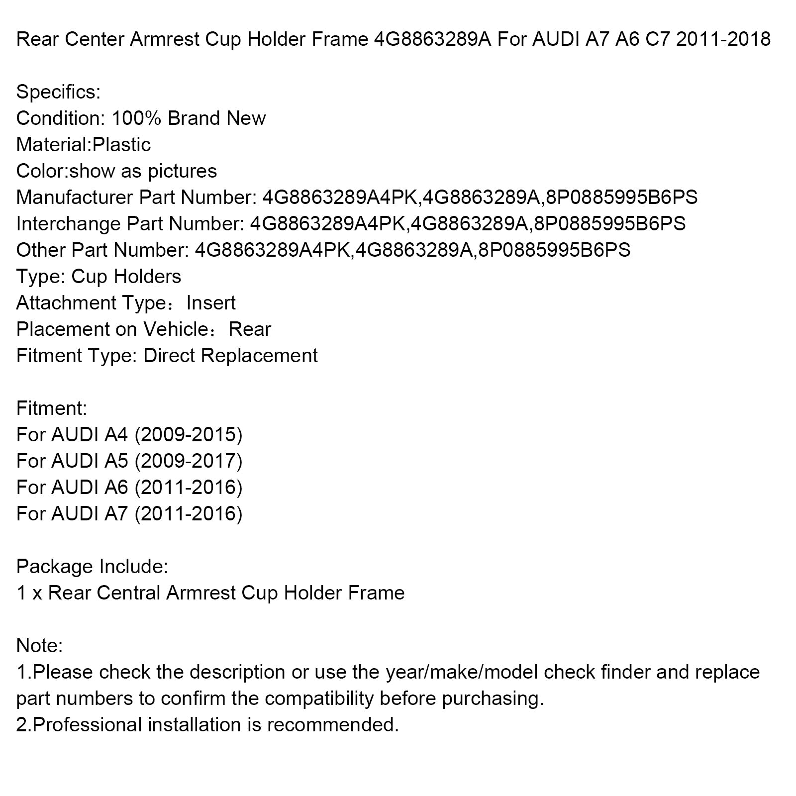 Cadre porte-gobelet pour accoudoir central arrière 4G8863289A pour AUDI A7 A6 C7 2011-2018
