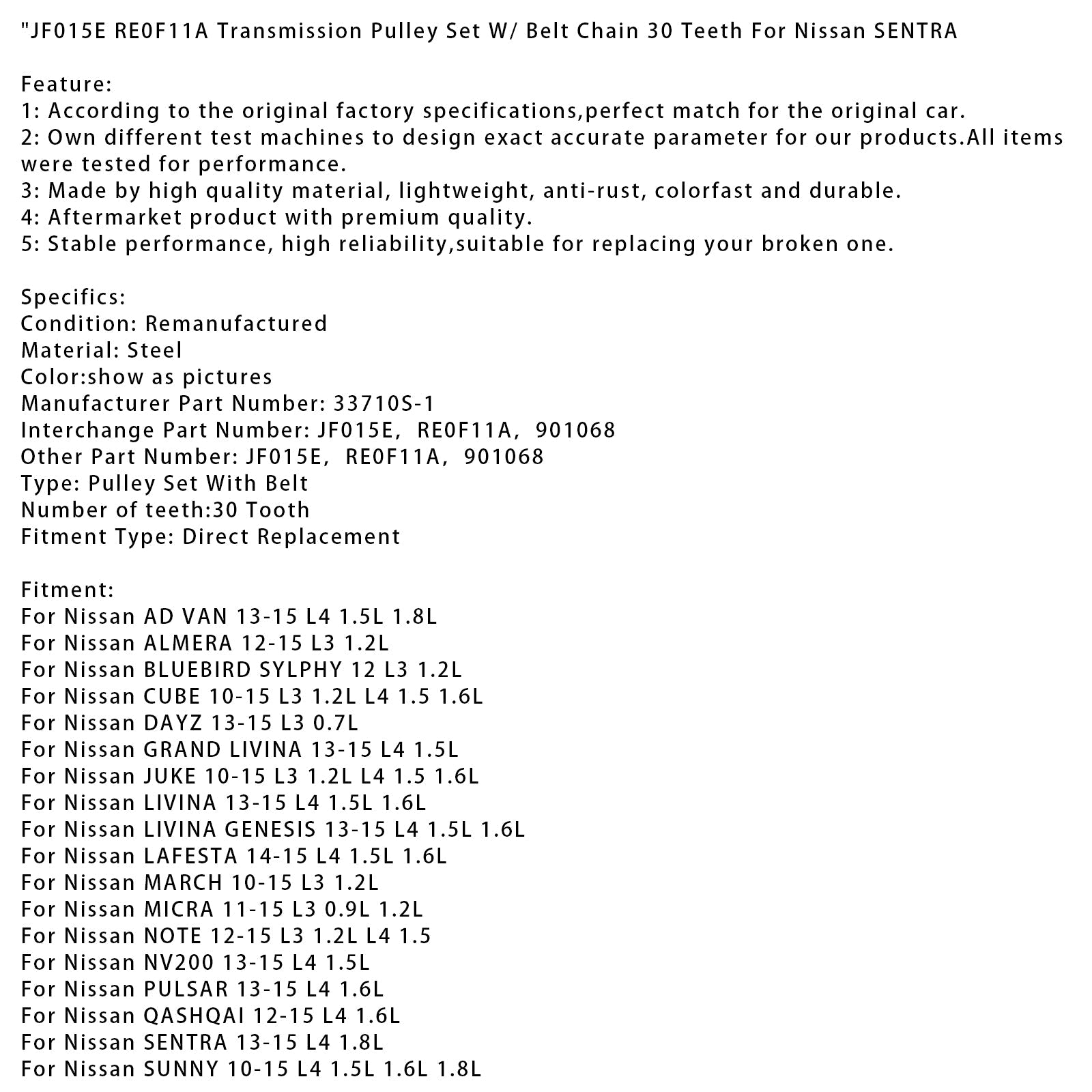 Pulifica a trasmissione con catena e cintura 30 denti per Suzuki Cervo L3 0,7 L 2010-2011 JF015E RE0F11A