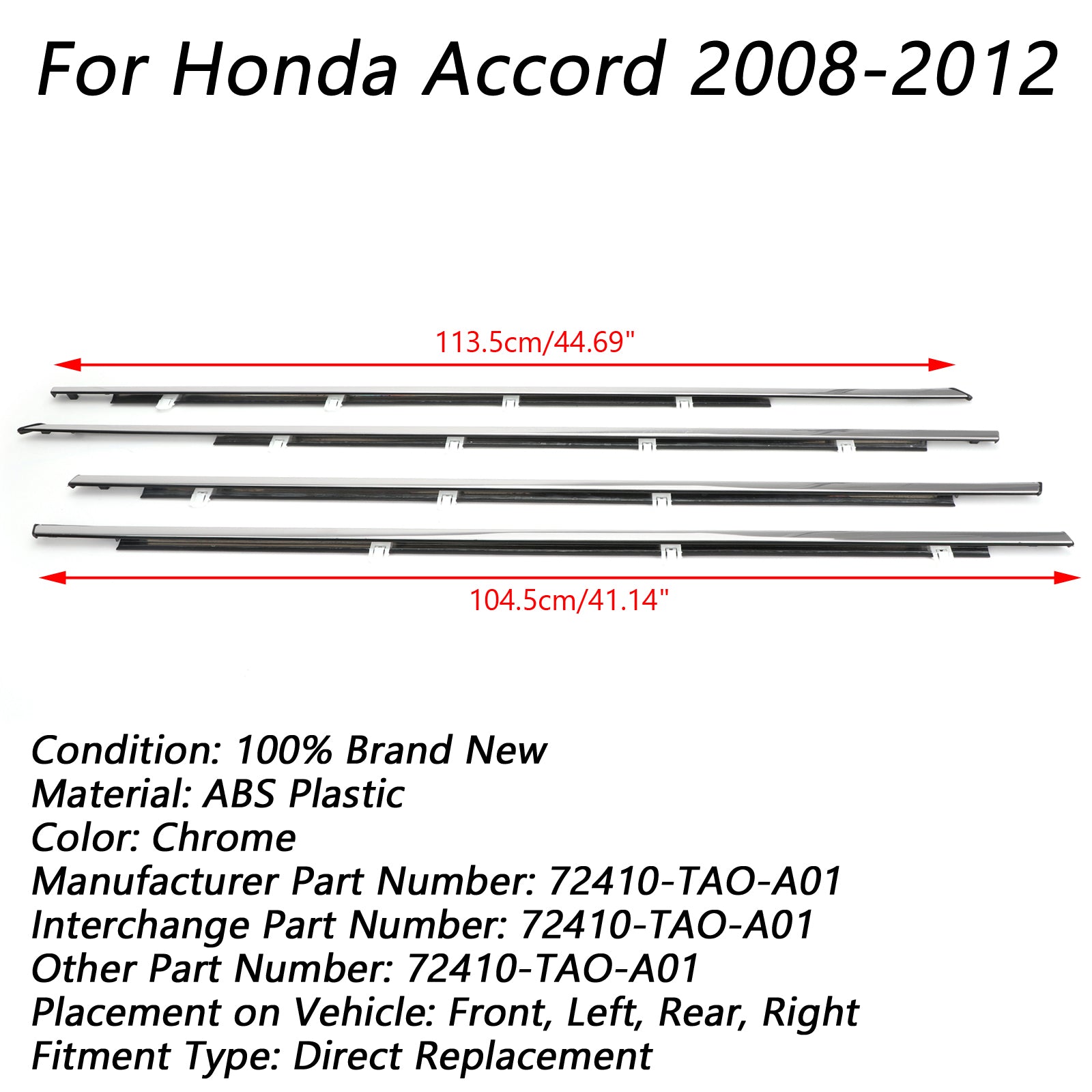 Chrome Door Seal for Honda -sopimus 2008-2012, 4 kappaletta